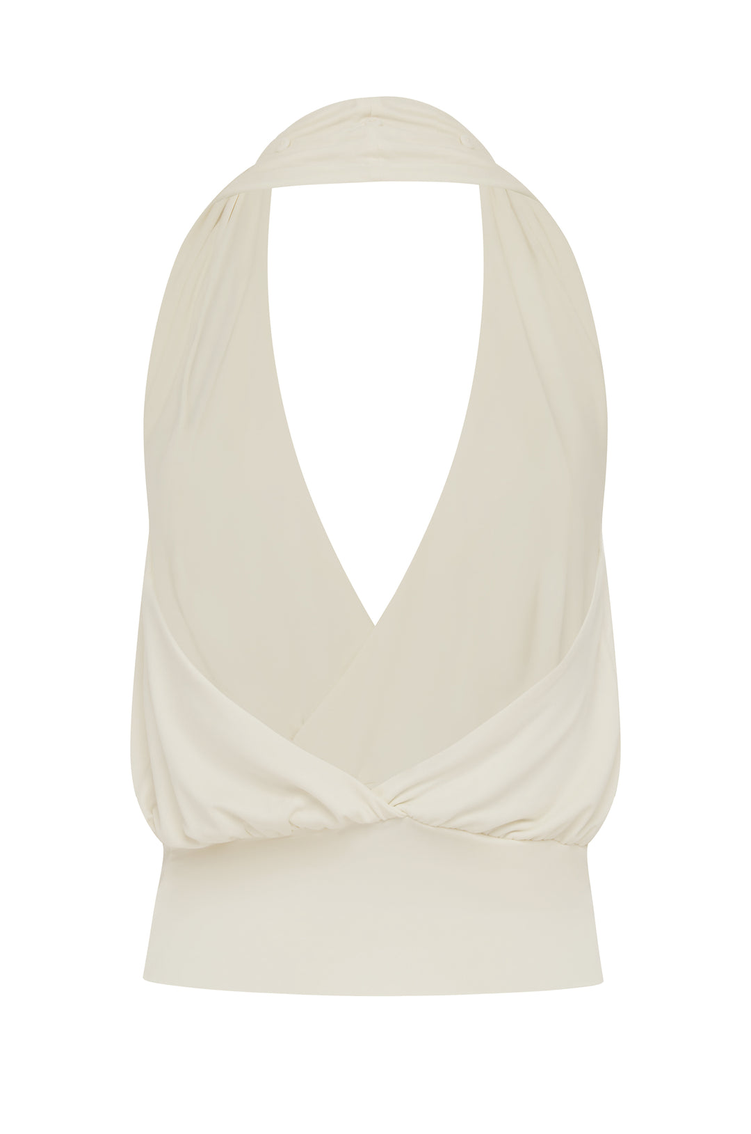 Off-white Ella halter wrap top with V-neckline, button detail, and fitted hem band.
