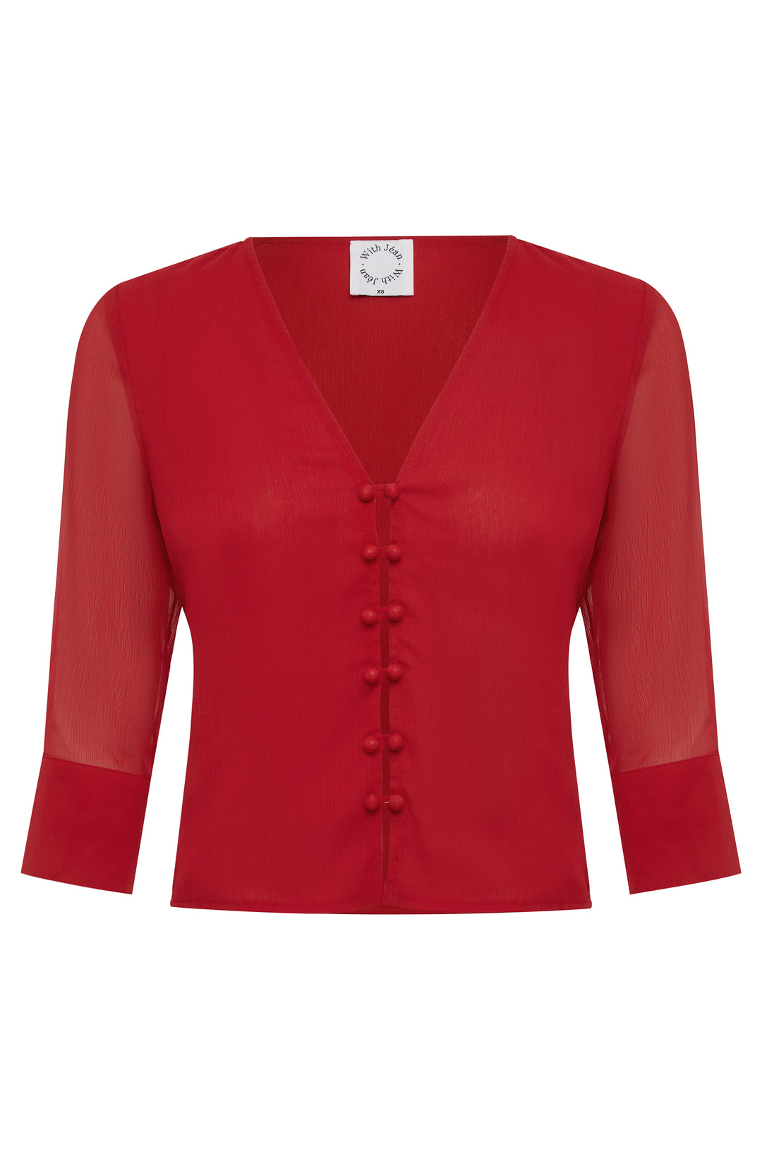 Red V-neck blouse with loop button-front closure and 3/4 length sleeves featuring split cuffs.