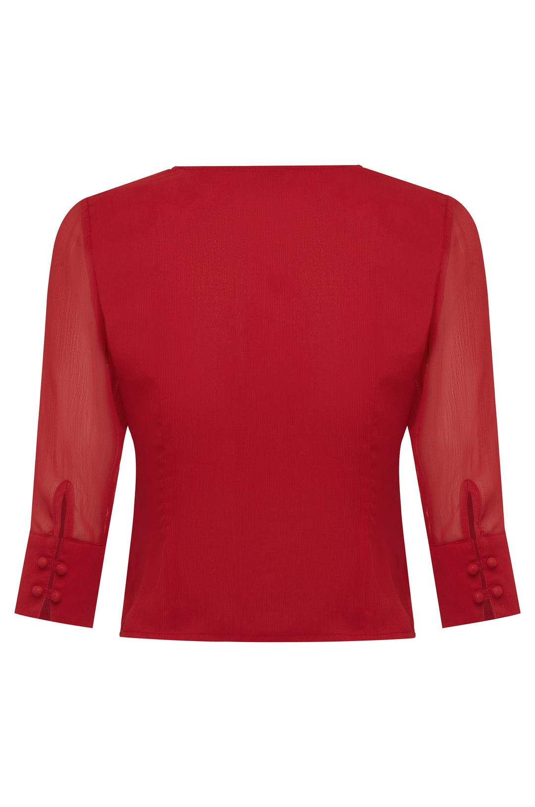 Red V-neck blouse with 3/4 length sheer sleeves, split cuffs, and button detailing.