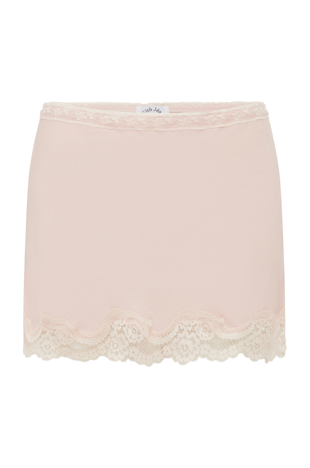 Pink low-rise mini skirt featuring a delicate lace-trim elasticated waistband and a scalloped lace hem.