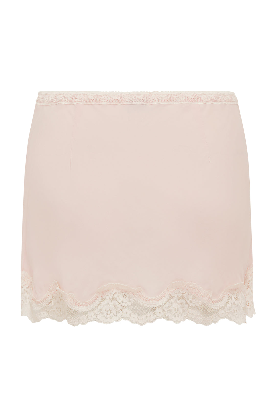 Pink low-rise mini skirt featuring a delicate lace-trim elasticated waistband and matching lace-trim hem.
