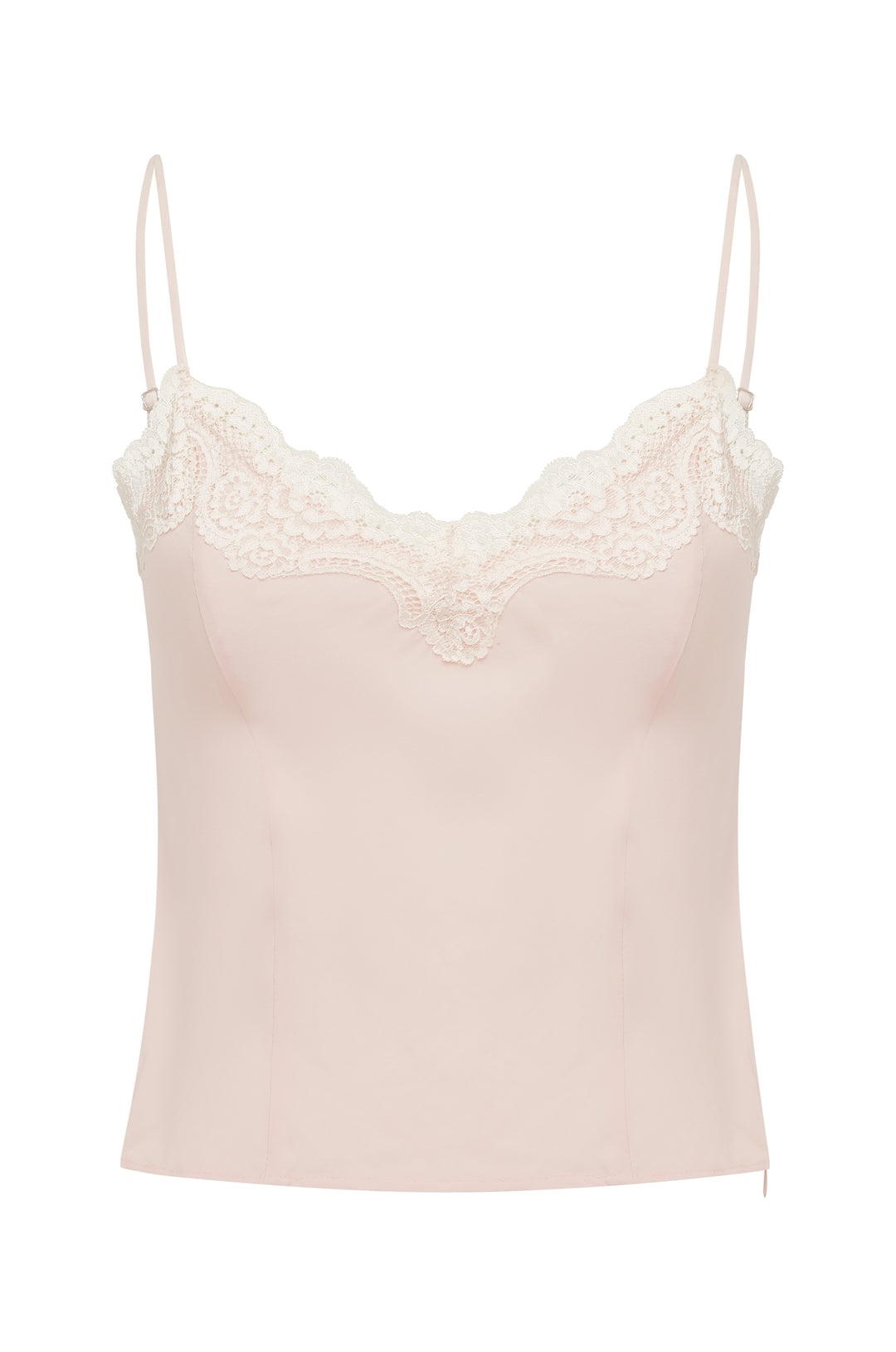 Pink cami-style Emerson top featuring a delicate lace-trim neckline and adjustable thin shoulder straps.
