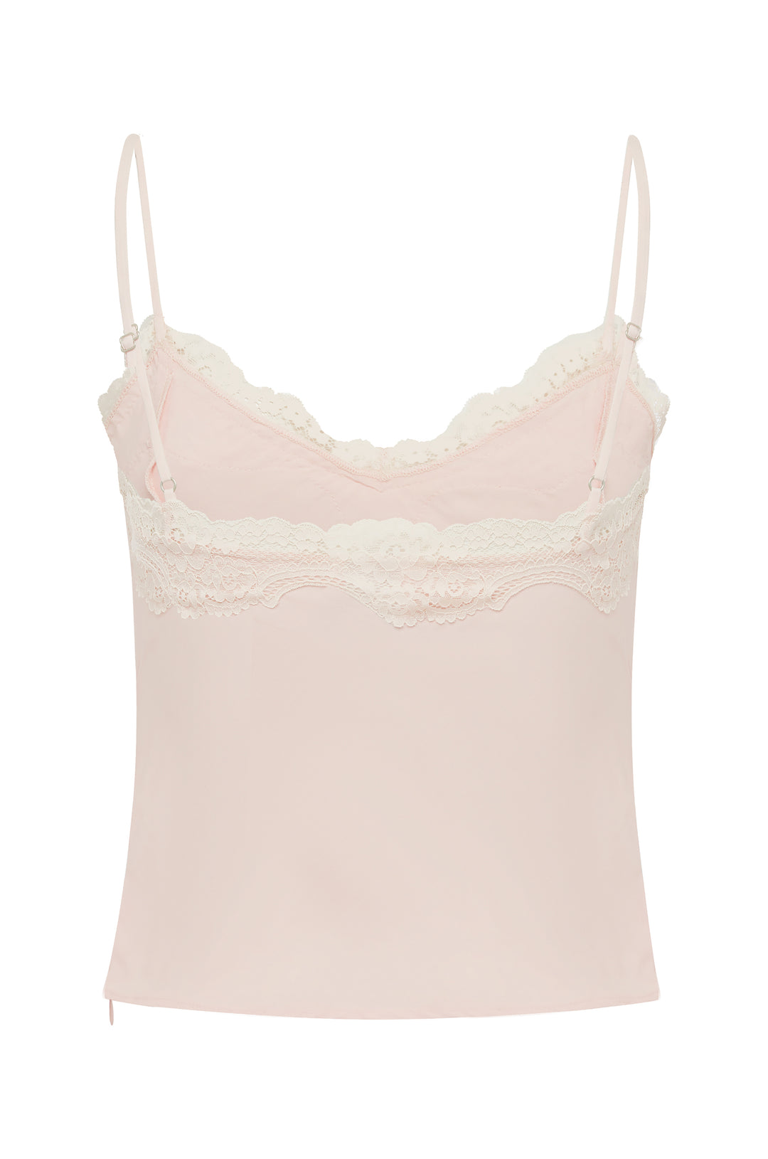 Pink cami-style Emerson top with delicate lace trim, adjustable shoulder straps, and a side zip closure.