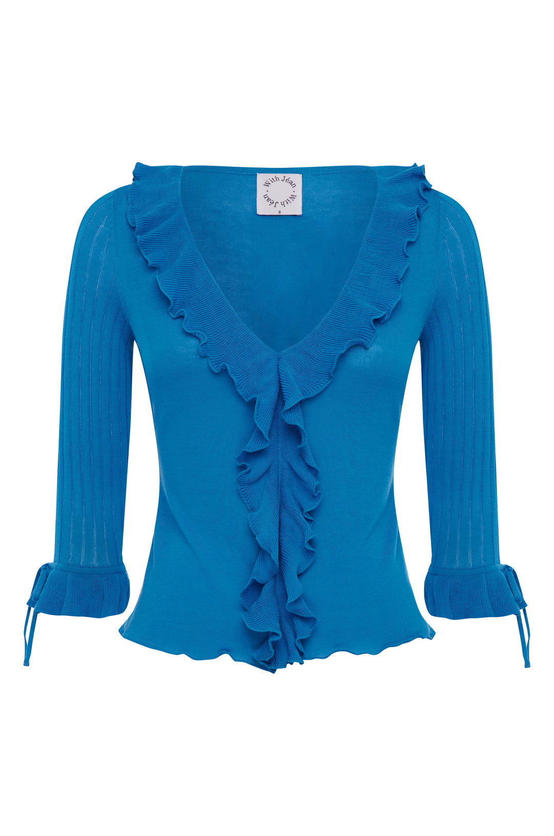 Blue knitted Emily Top with 3/4 sleeves, ruffle-trim V-neckline, ribbed sleeves, and ruffle cuffs with ties.