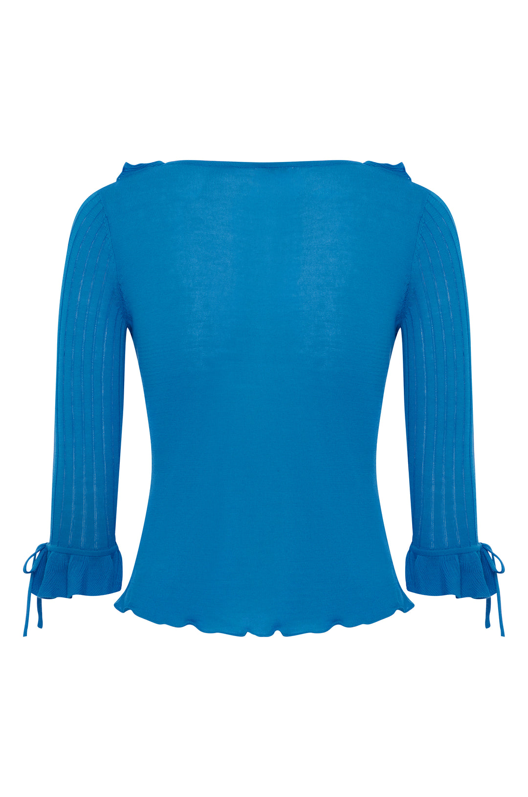 Blue knitted Emily Top with 3/4 sleeves, ruffle neckline, ribbed sleeves, and tie-detail ruffle cuffs.