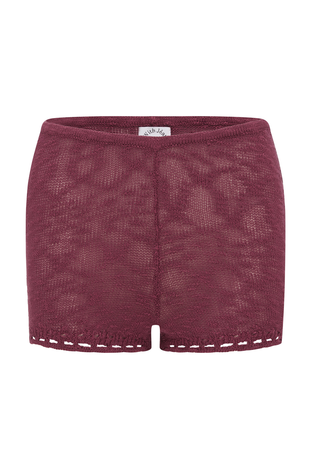 Plum Flora low-rise knitted shorts with elasticated waistband and white crochet trim.