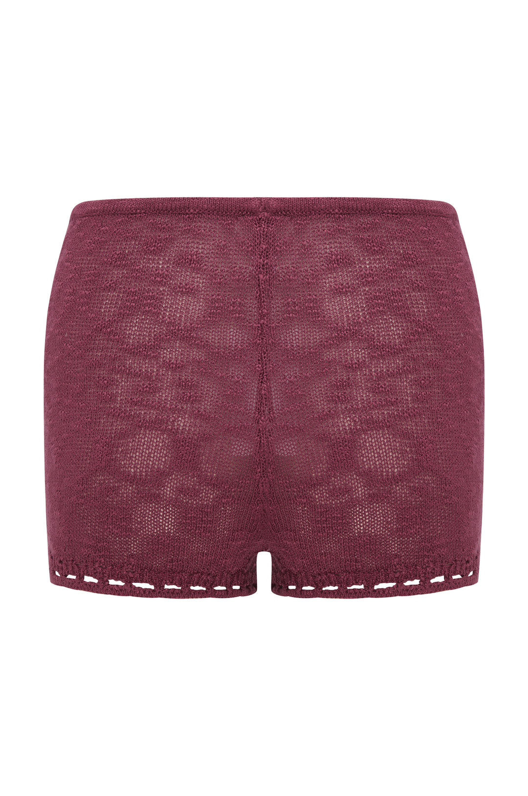 Plum Flora low-rise knitted shorts with elasticated waistband and white crochet trim.