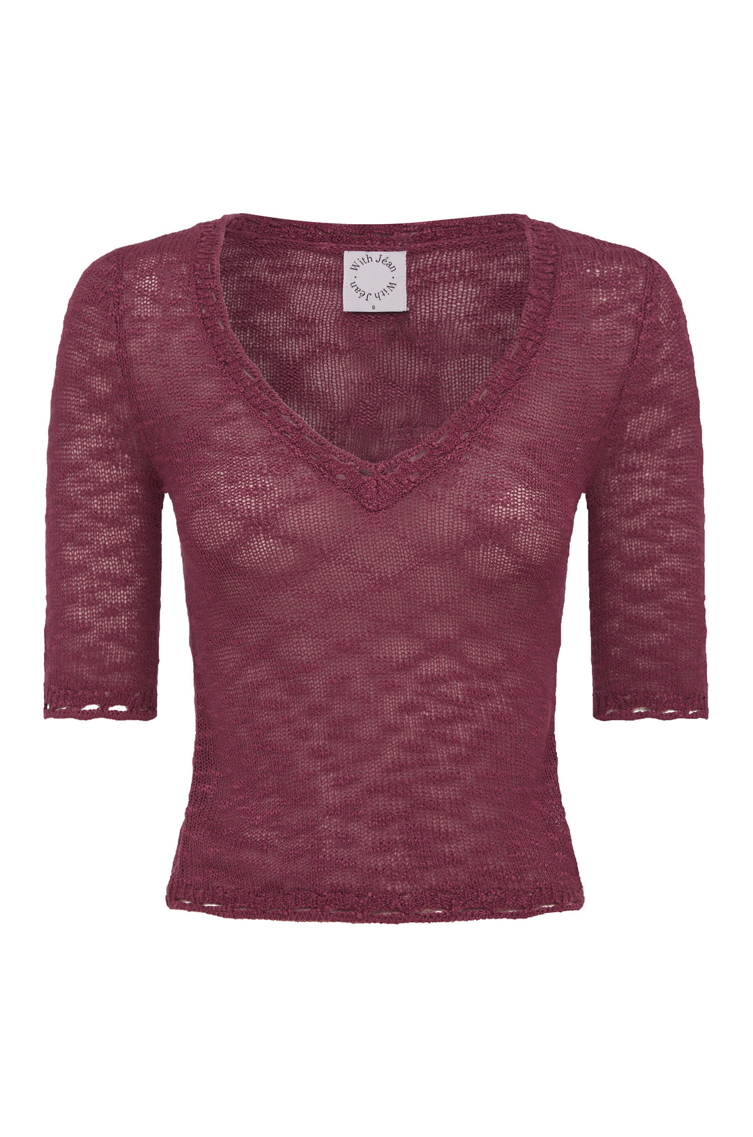 Plum Flora Top: knitted V-neck, half-sleeve top with delicate crochet trim.