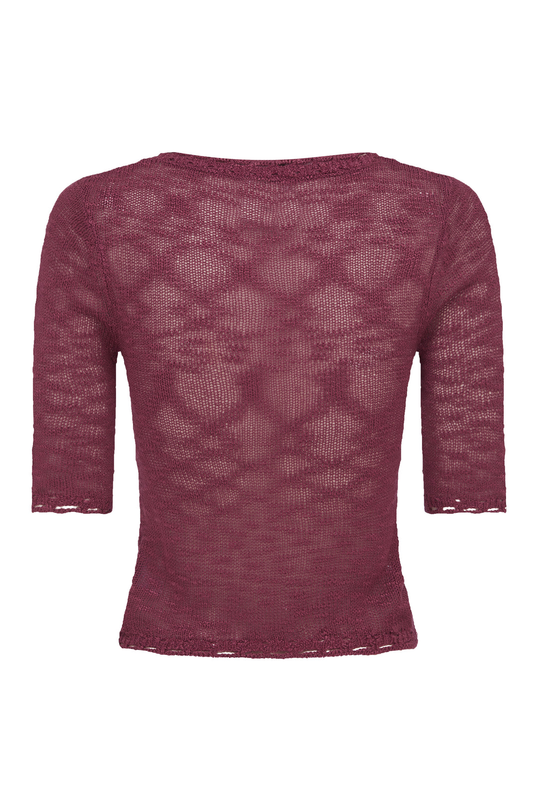 Plum Flora Top: knitted, sheer half-sleeve top with crochet trim and V-neck.