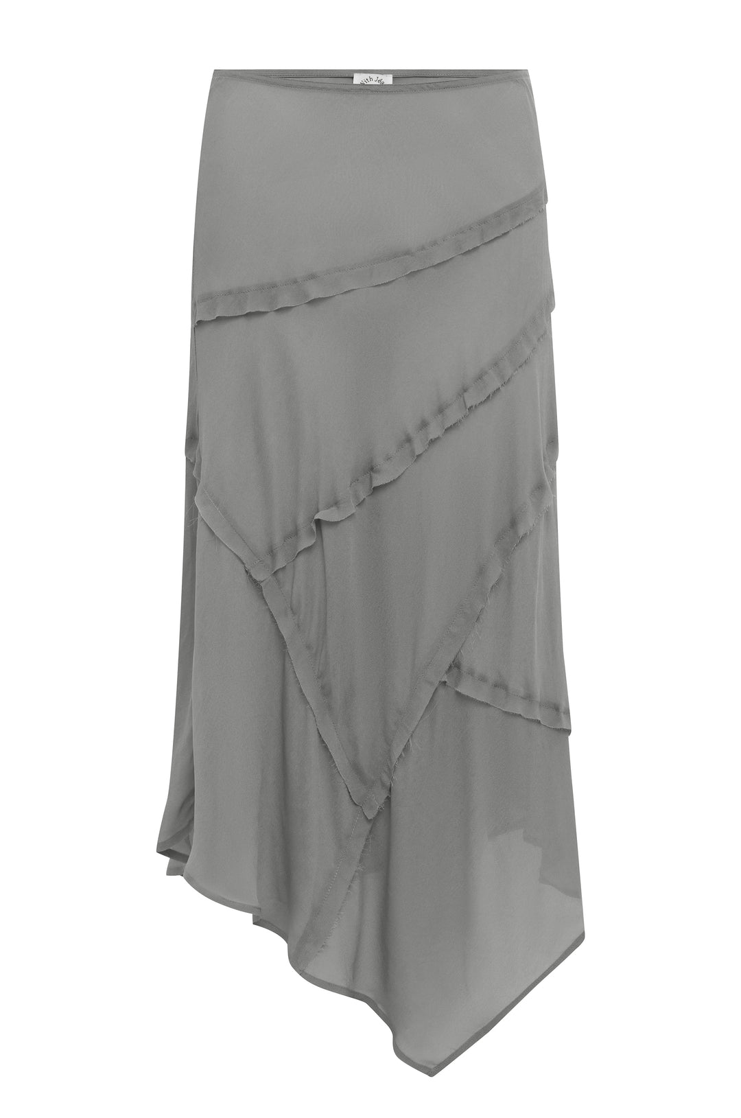 Dusty slate sheer low-rise skirt with frayed-edge panel detailing and an asymmetrical hem.