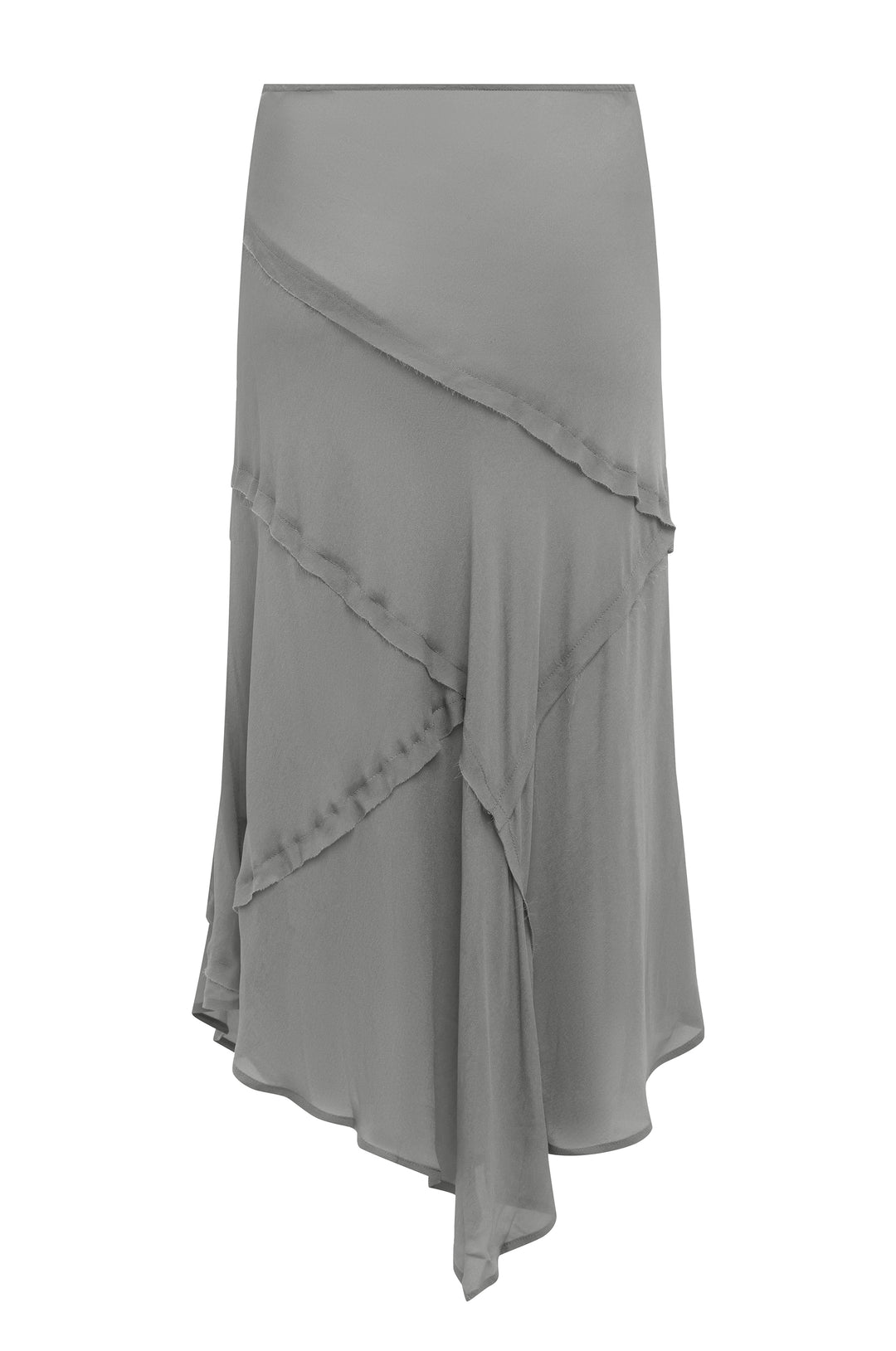 Dusty slate sheer low-rise skirt with frayed-edge panel detailing and an asymmetrical hem.