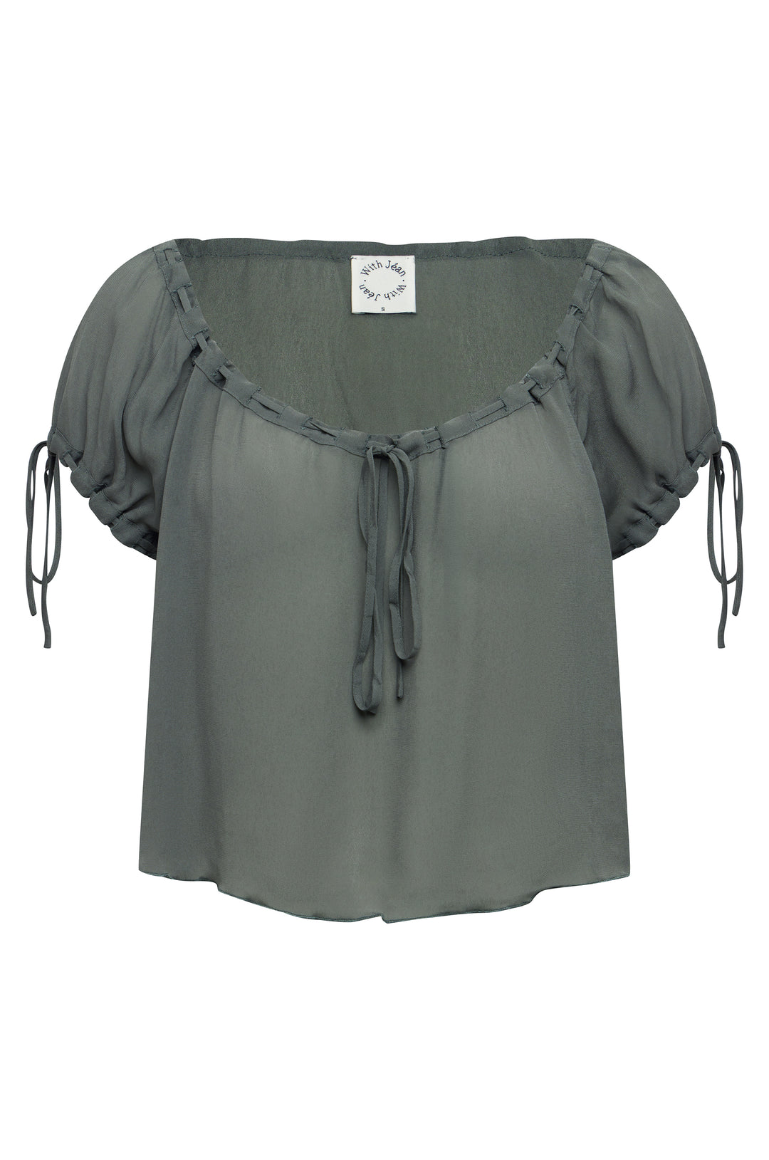 Sheer ash slate Gia top with a relaxed fit, adjustable tie neckline, and gathered short sleeves with tie details.