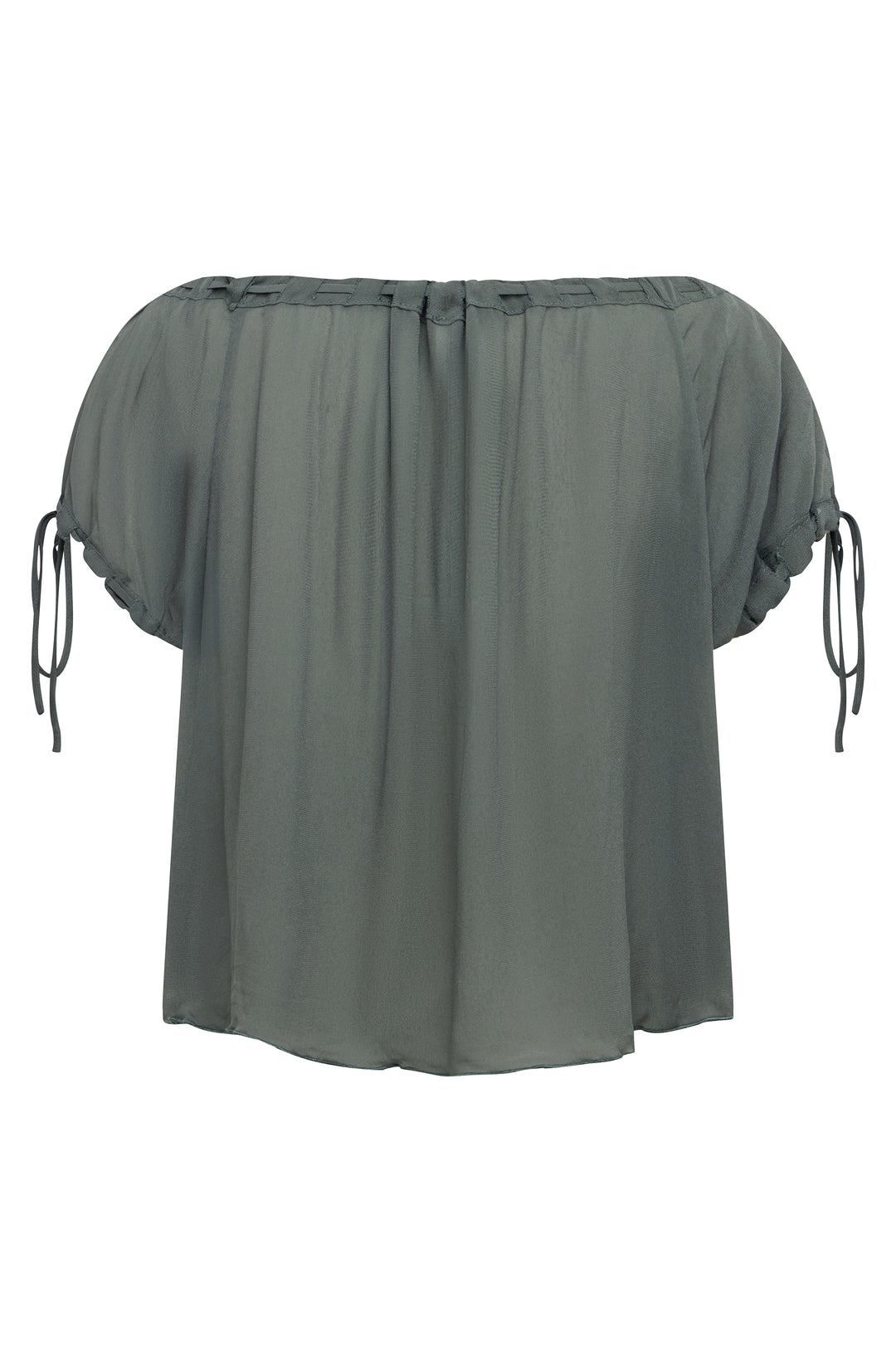 Sheer ash slate Gia top with a relaxed fit, adjustable neckline, and functional tie detailing on the sleeves.