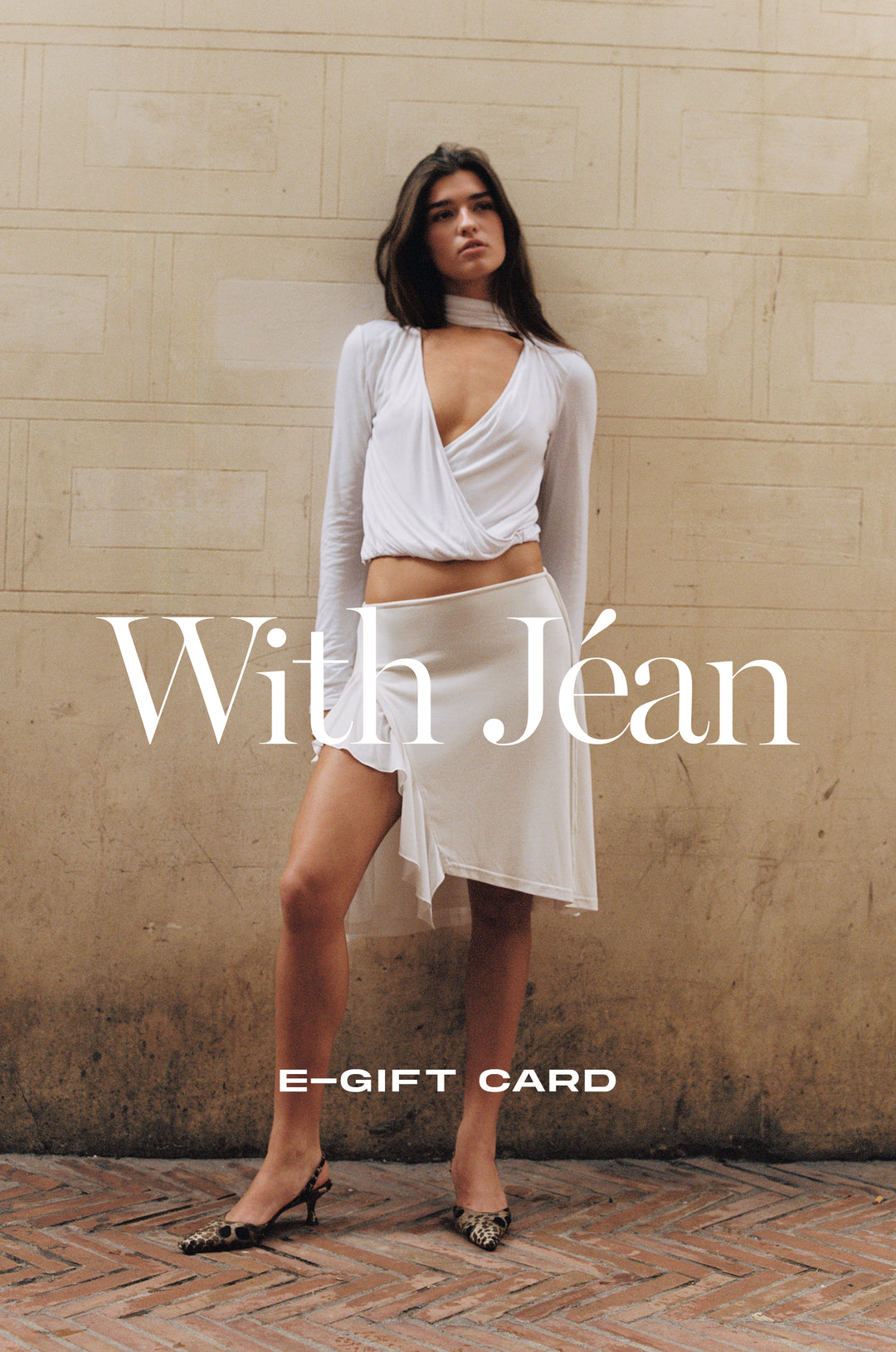 Woman in white top and skirt, with "With Jéan E-GIFT CARD" overlay.