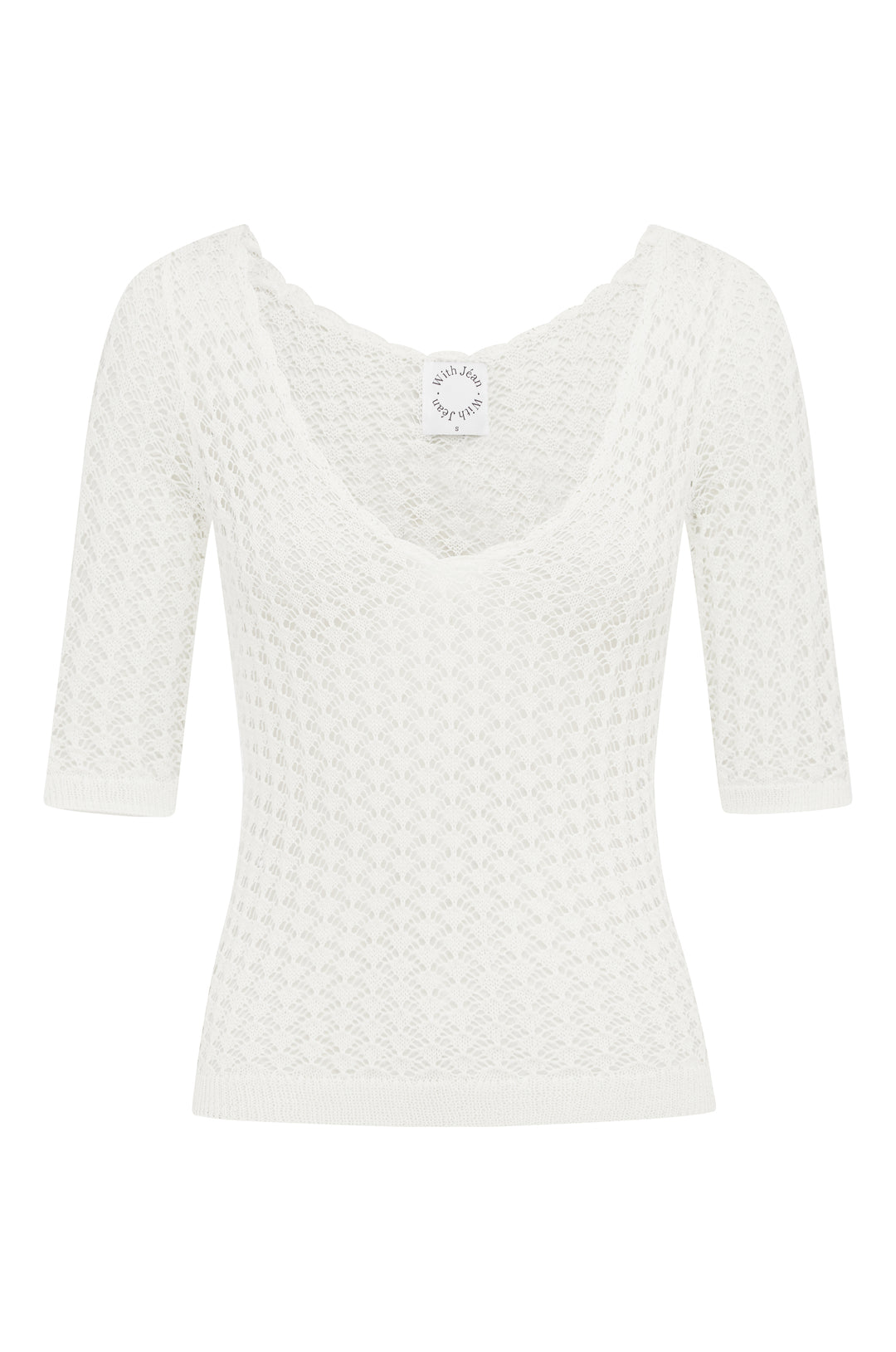 White knitted Harper Top with a scoop neckline, half sleeves, and contrast rib detailing.