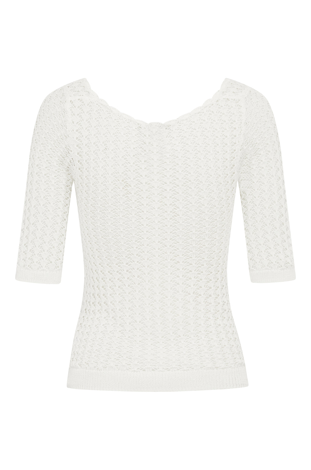 White Harper Top, knitted with a scoop neckline, half sleeves, and contrast rib detailing.