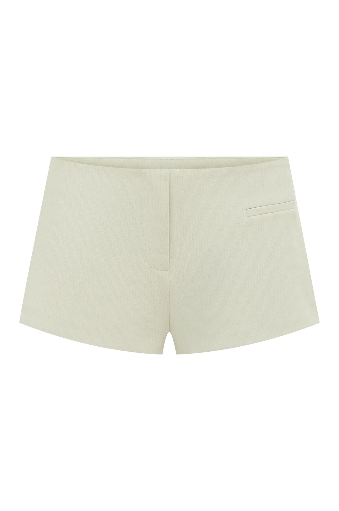 Dusty sage low-rise mini shorts with a front zip, tailored silhouette, and sleek pocket detailing.