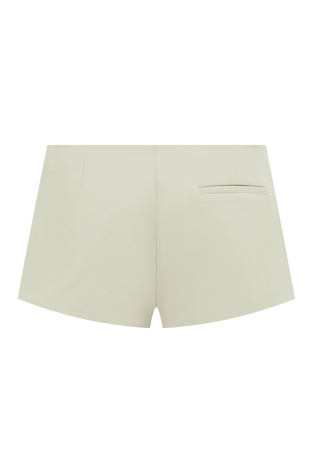 Back view of dusty sage Hudson low-rise mini shorts featuring a single welt pocket detail.