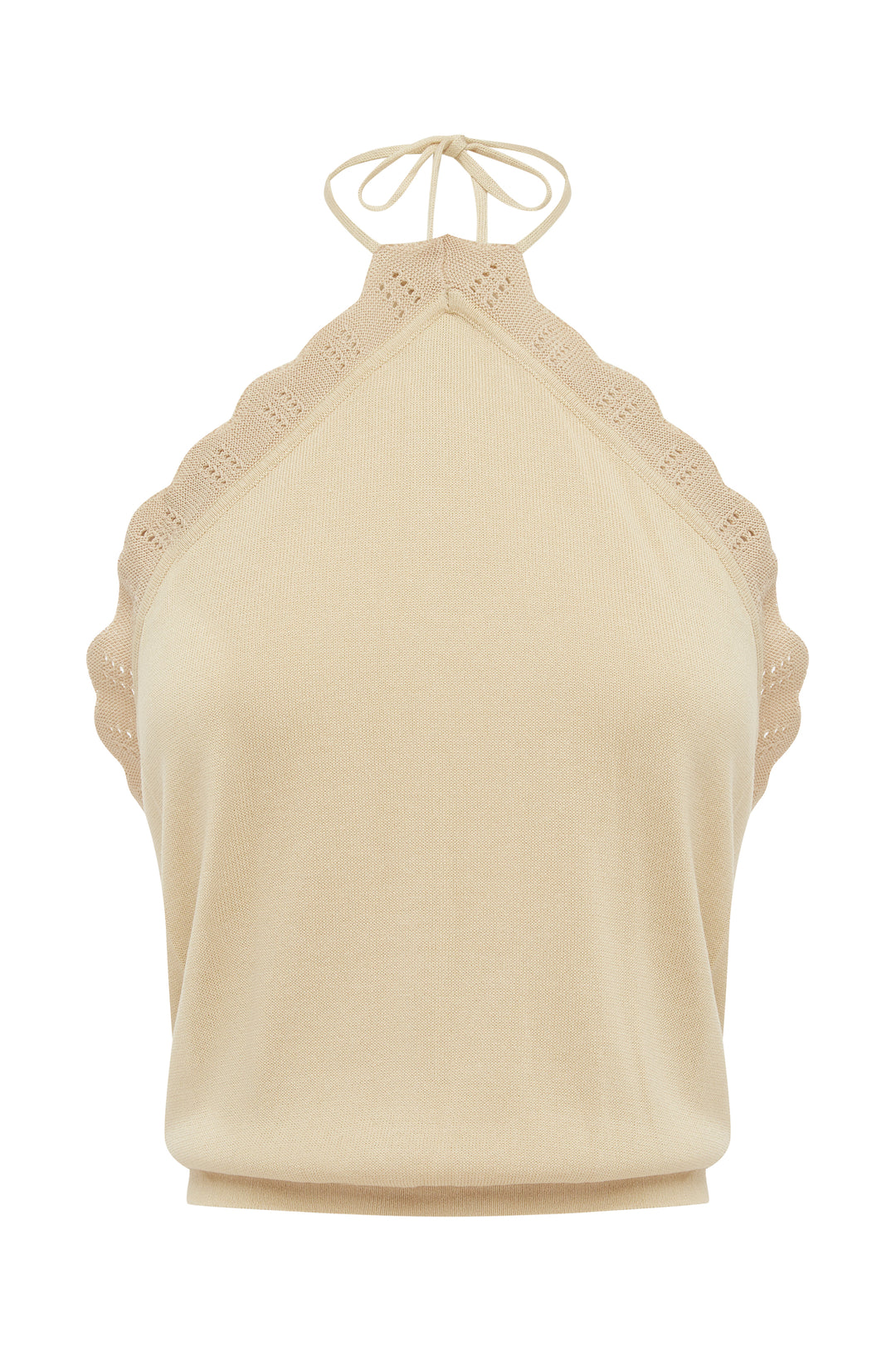 Beige knitted halter top with a scalloped trim, tie-neck detail, and a fitted hem.
