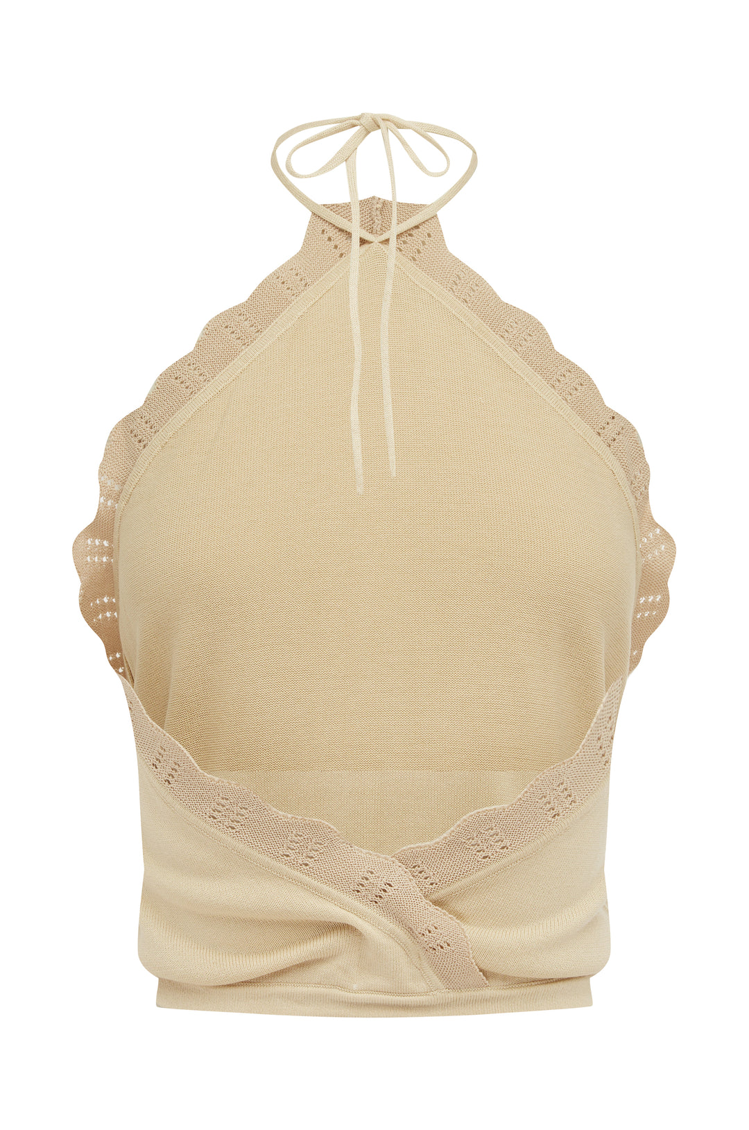 Beige knitted halter top with scalloped contrast trim, tie-neck detail, and an open back design.