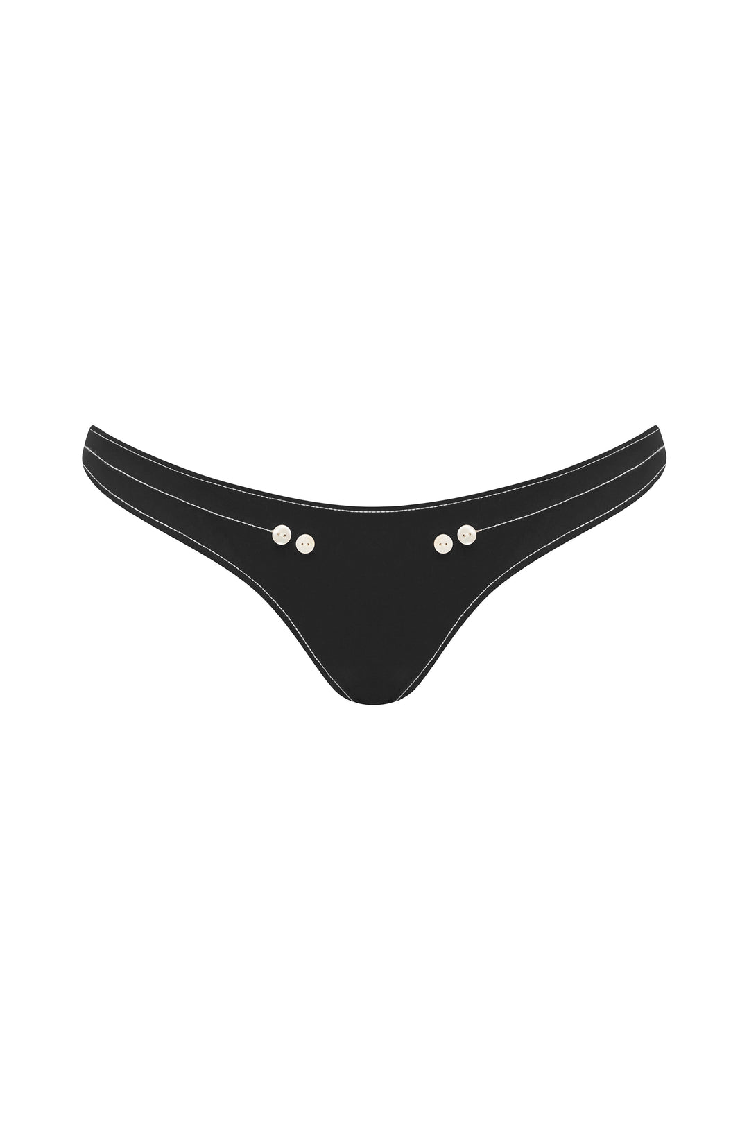 Black Jade bikini bottom with regular rise, white contrast stitching, and four white button details.