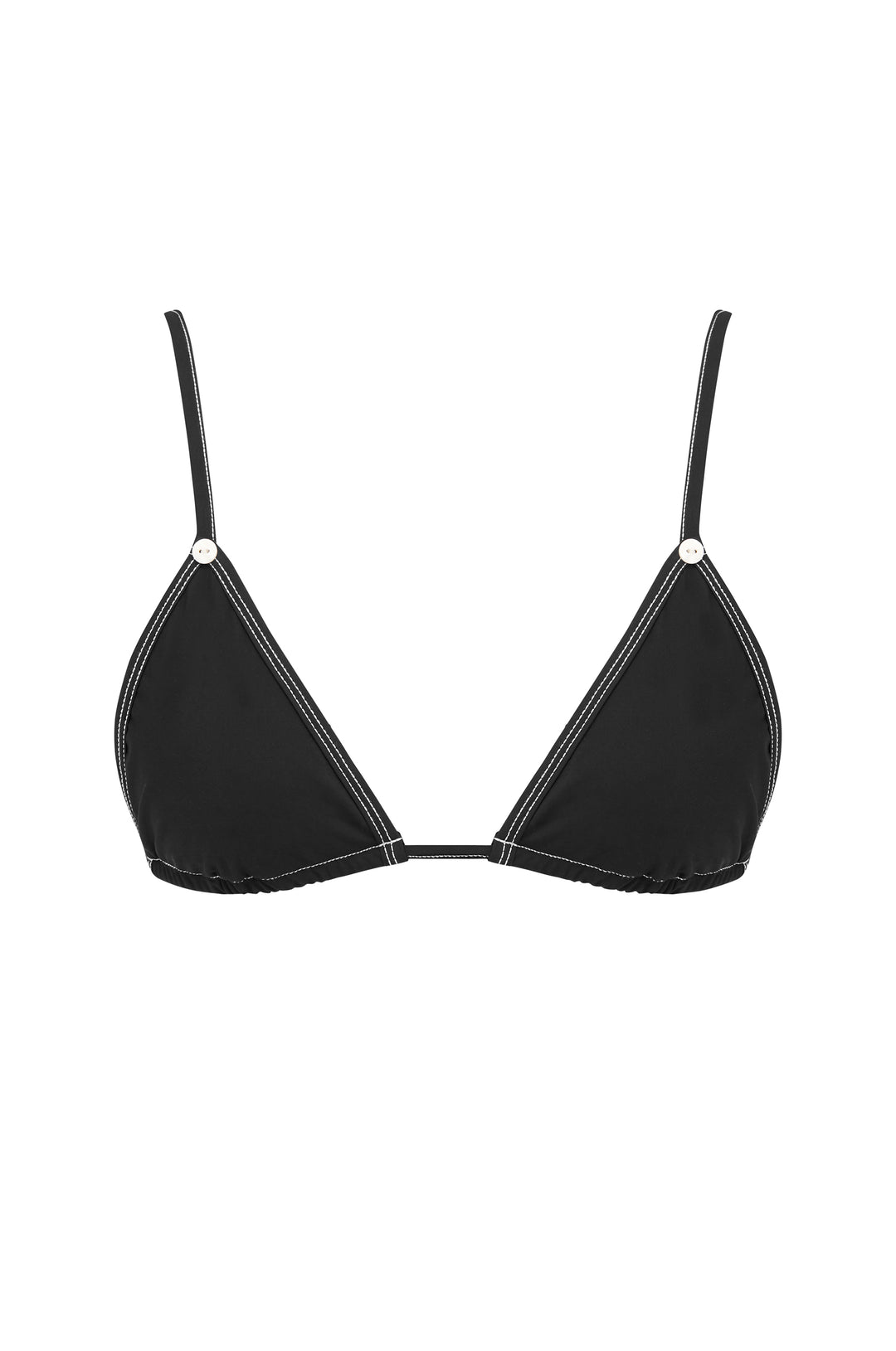 Black Jade bikini top with triangle cups, adjustable straps, white contrast stitching, and button details.