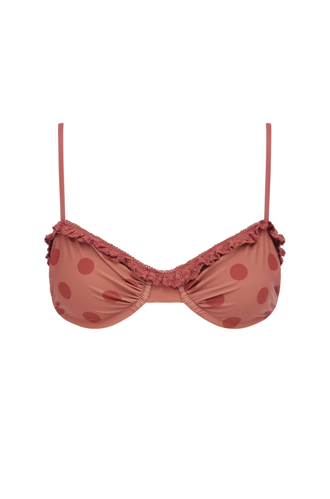 Red big dot Jeanie bikini top with ruffle trim and underwire balconette style.