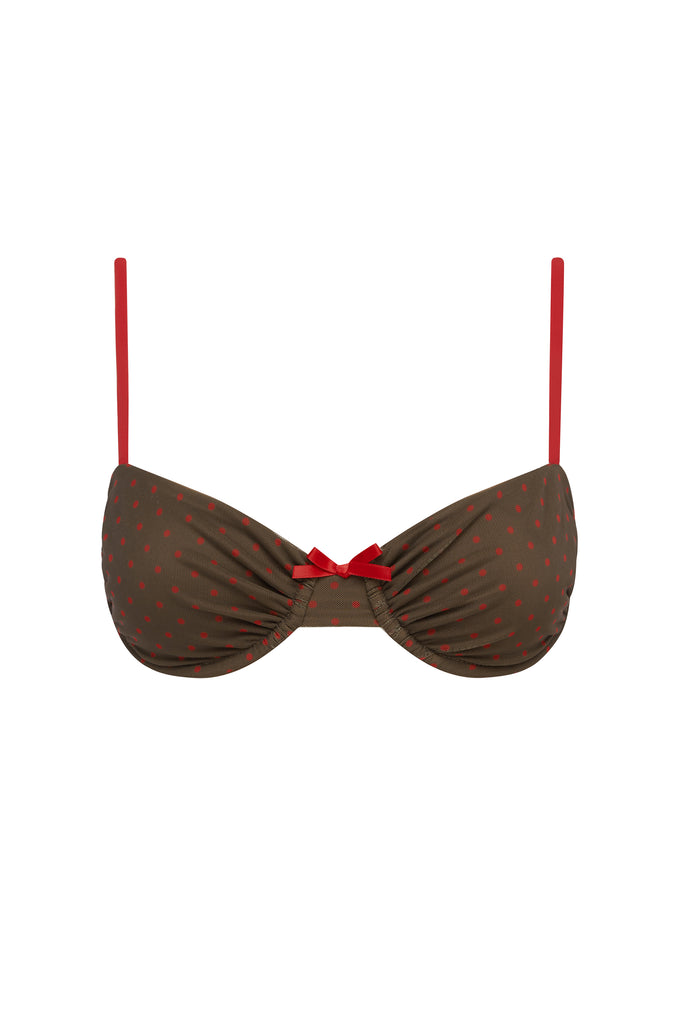 Jeanie Bikini Top | Brown / Red Polka Dot