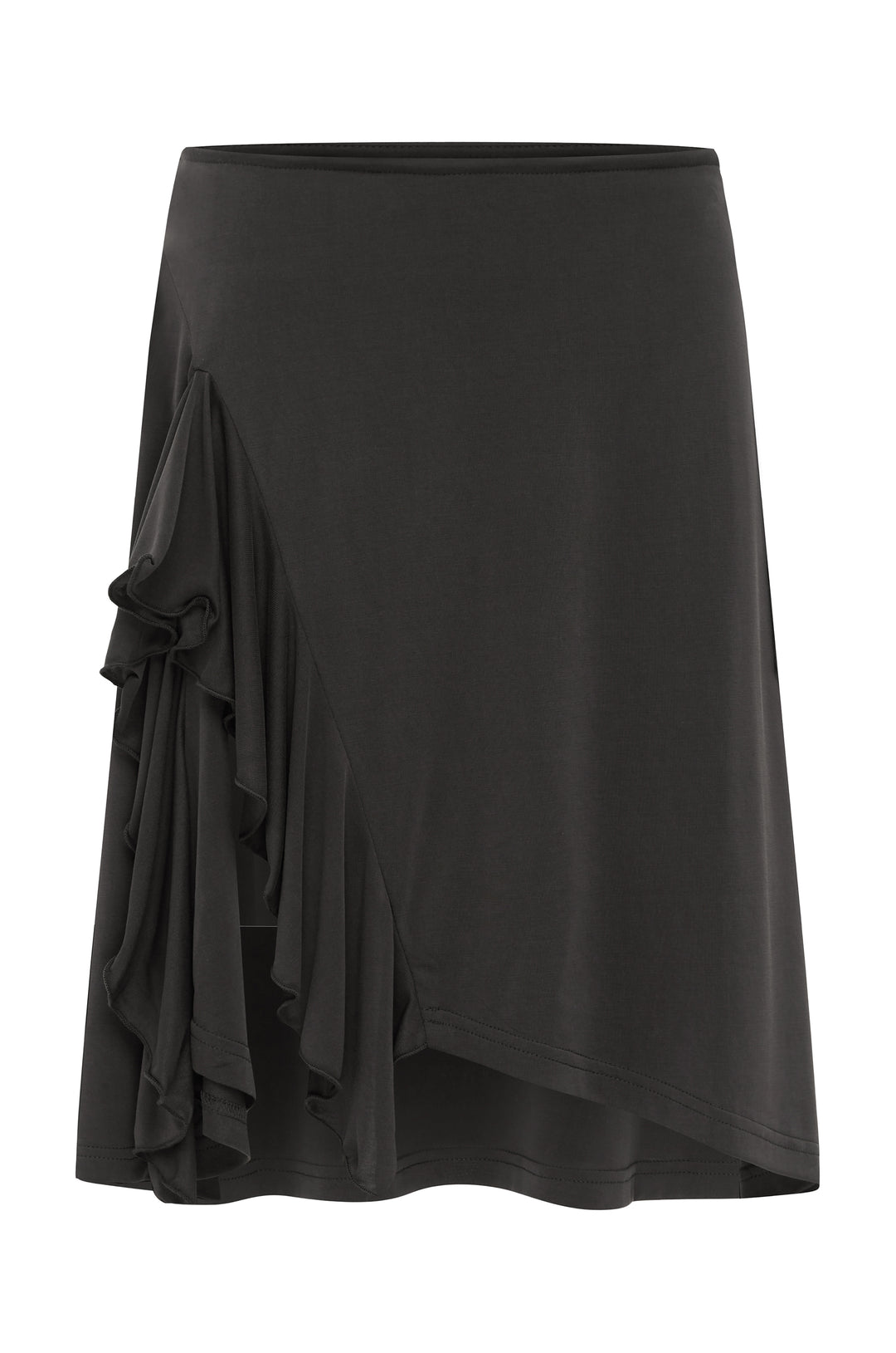 Jolene Skirt in charcoal, a low-rise midi with side slit and ruffle detailing.
