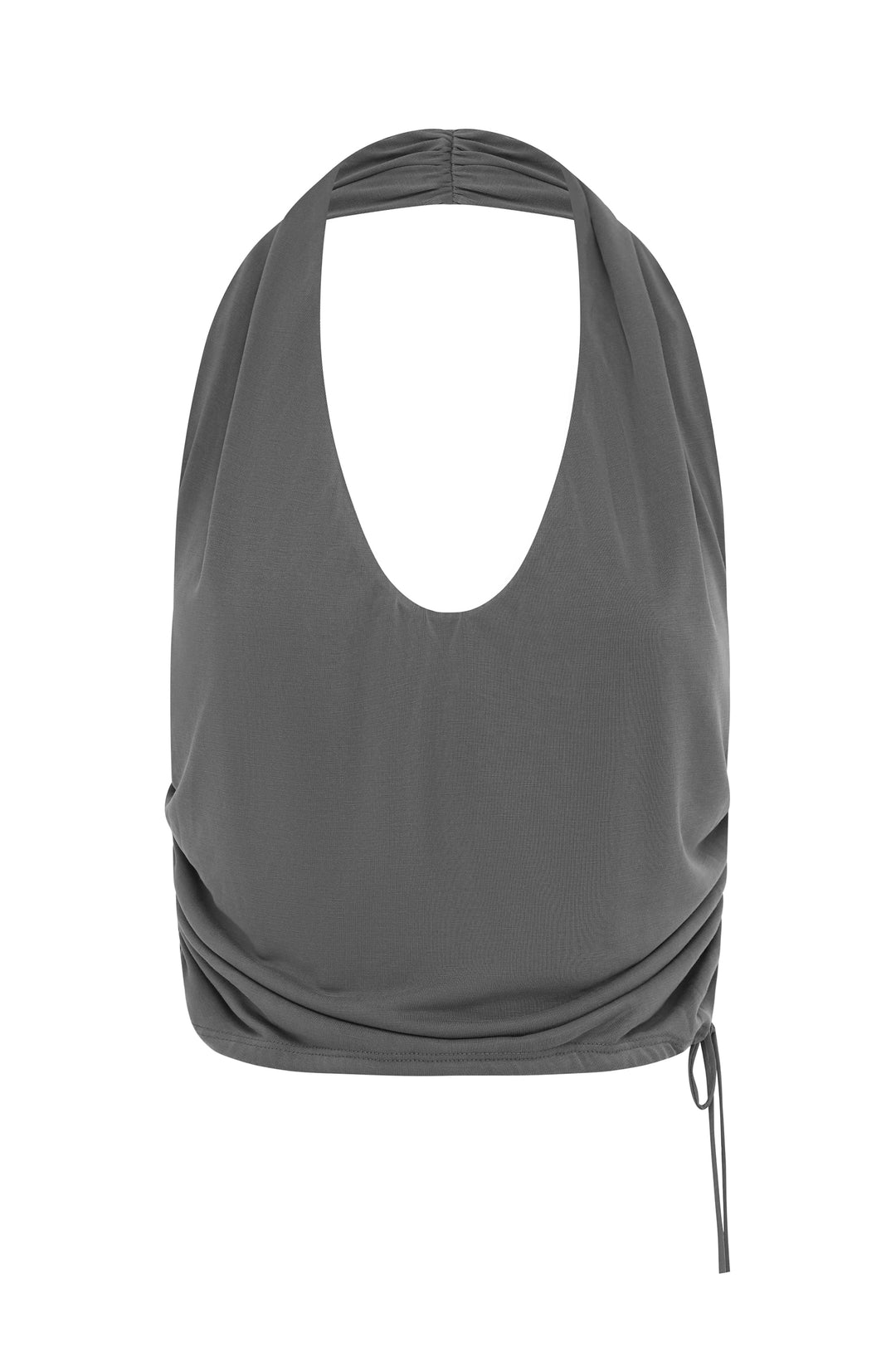 Slate Jolene halter top with ruched sides and adjustable tie hem.