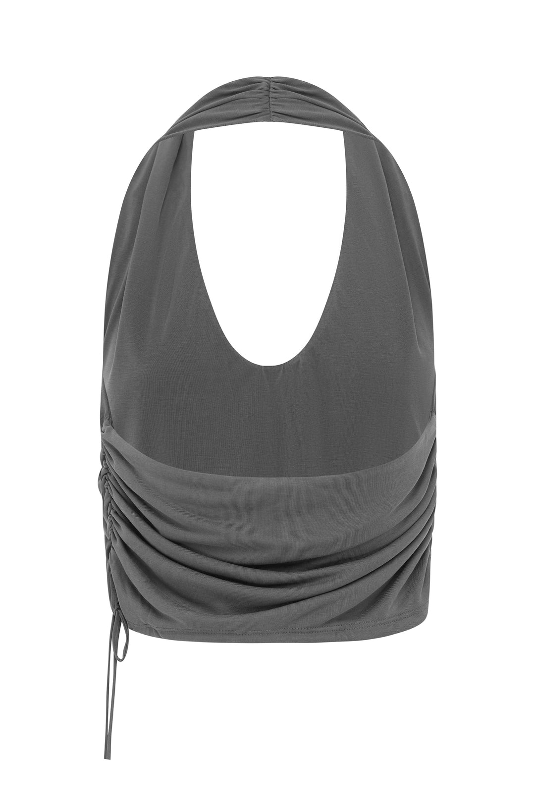 Jolene Top in slate, a halter-style top with ruched side detailing and an adjustable tie hem.