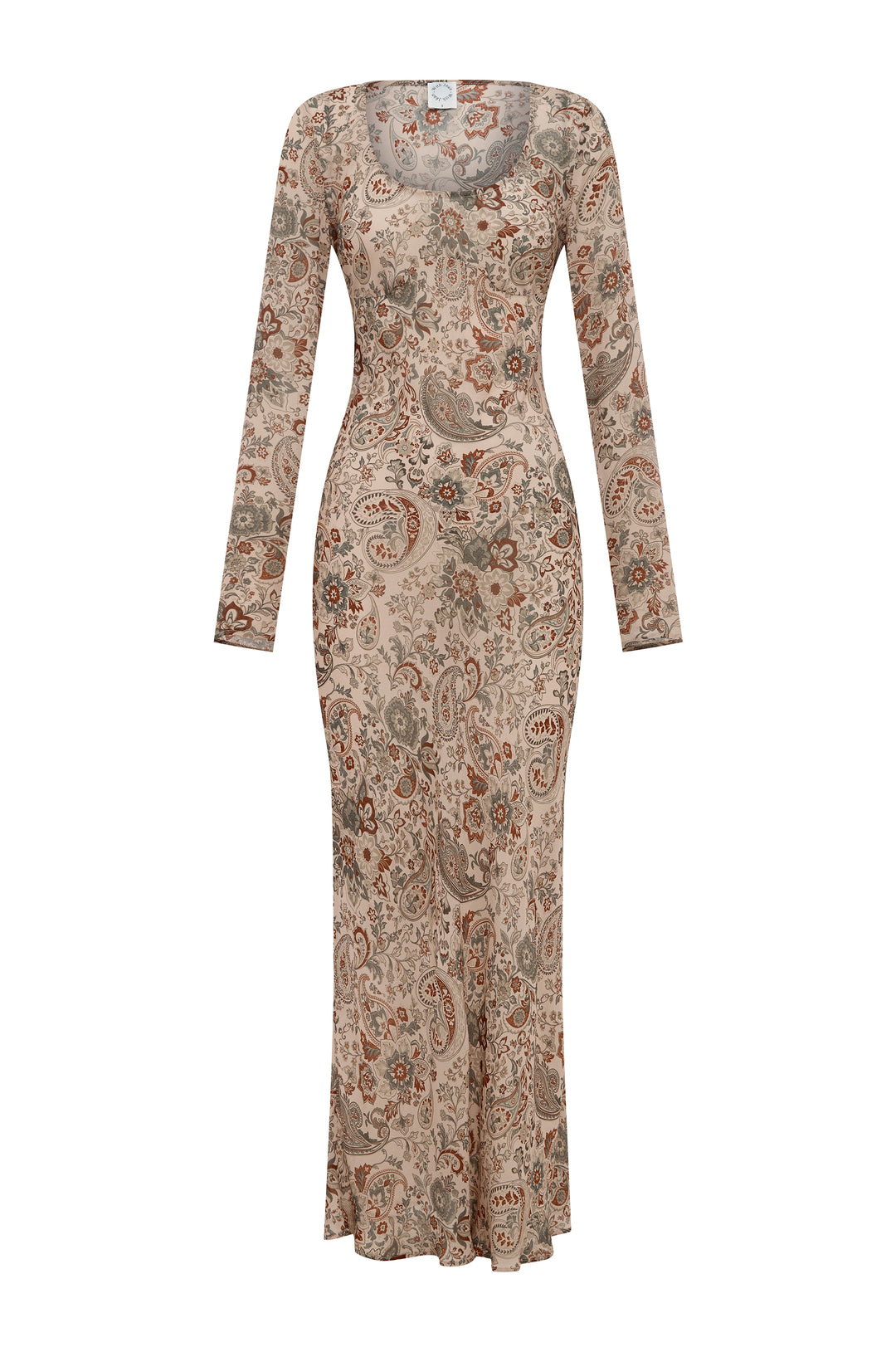 Josephine long-sleeve maxi dress in stone paisley print with a scoop neckline and sheer finish.