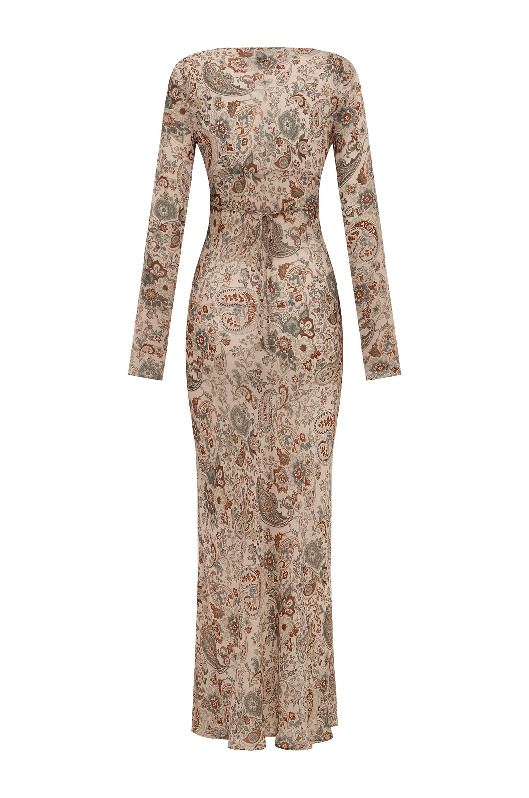 Josephine long-sleeve maxi dress in stone paisley print with a sheer finish and back tie detail.
