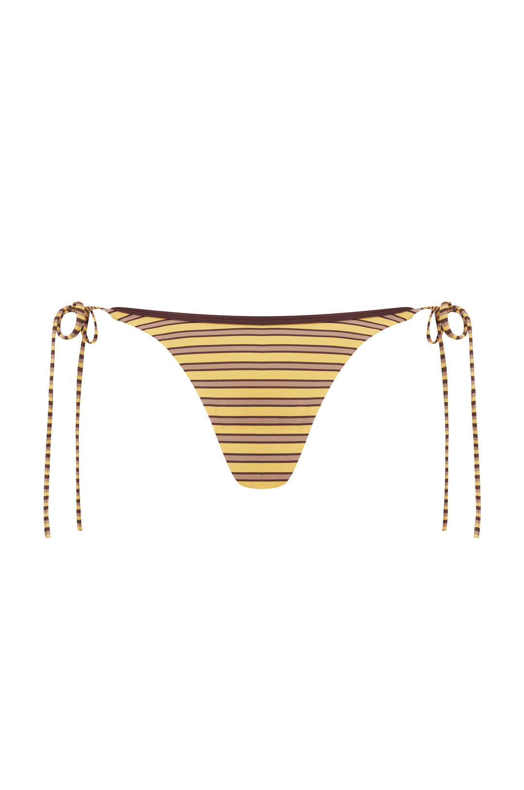 Striped bikini bottom with tie sides on a white background