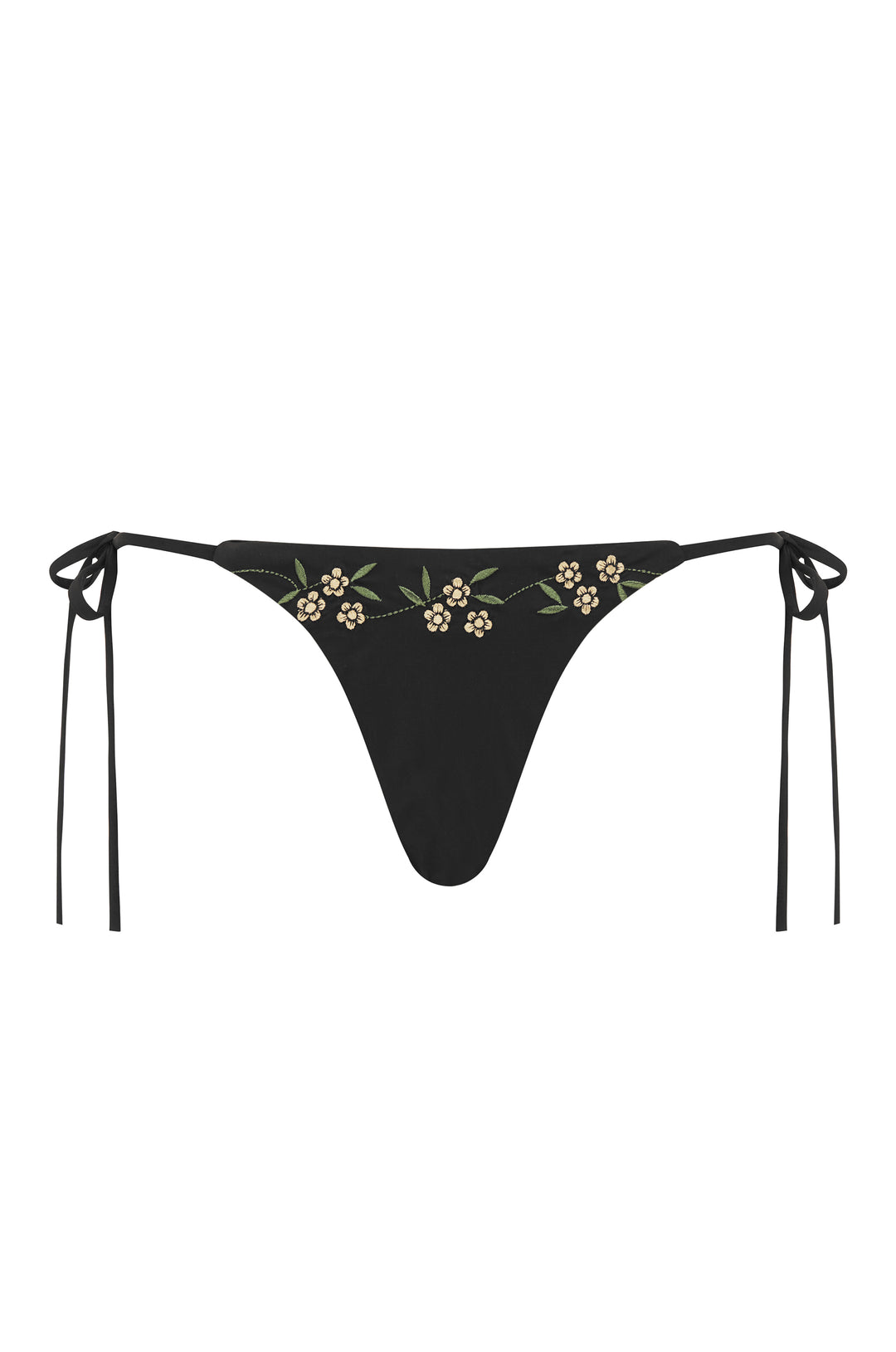 Black Juni Bikini Bottom with tie sides and custom floral embroidery.