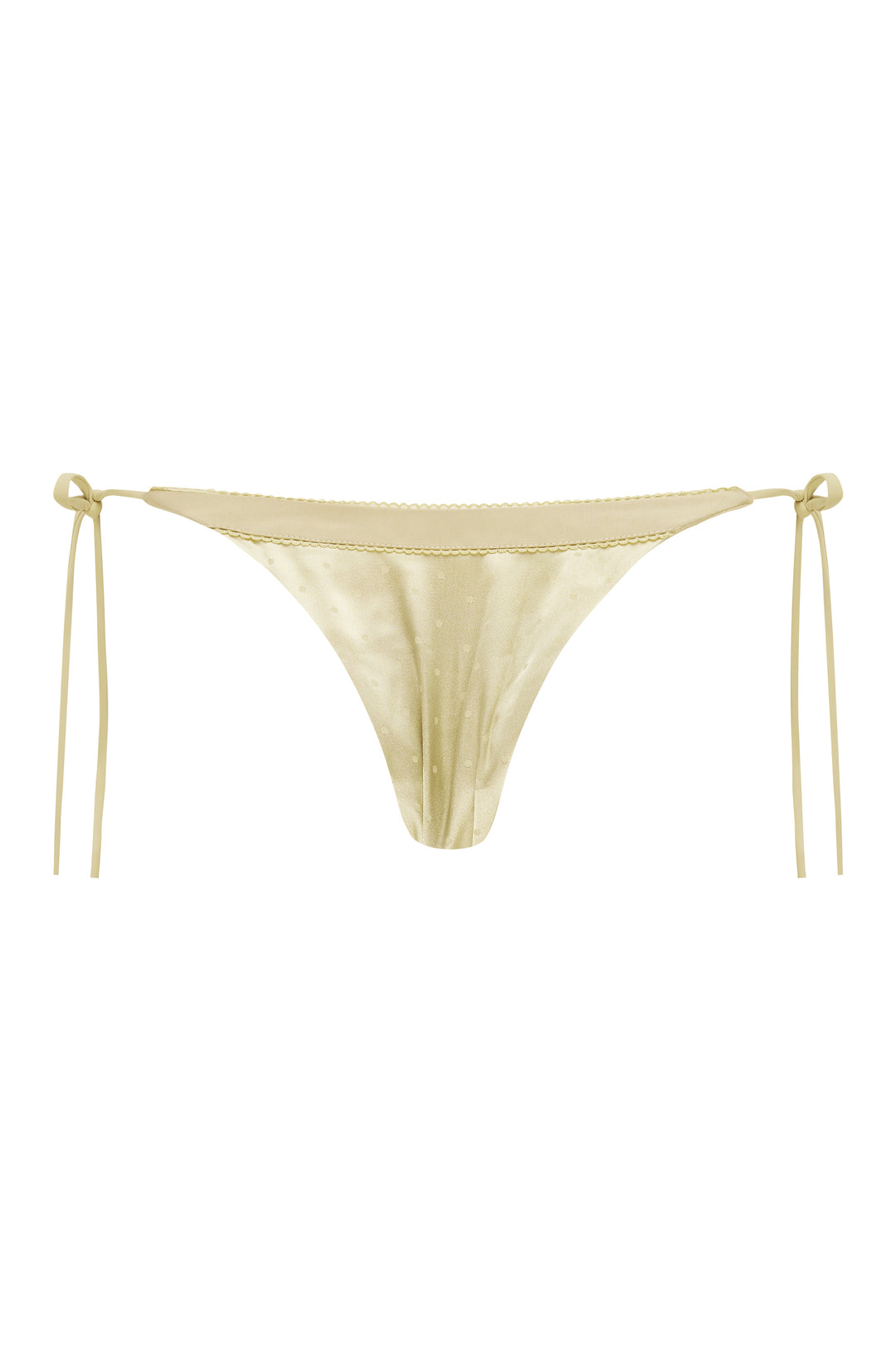 Sage bikini bottom with string ties on a white background