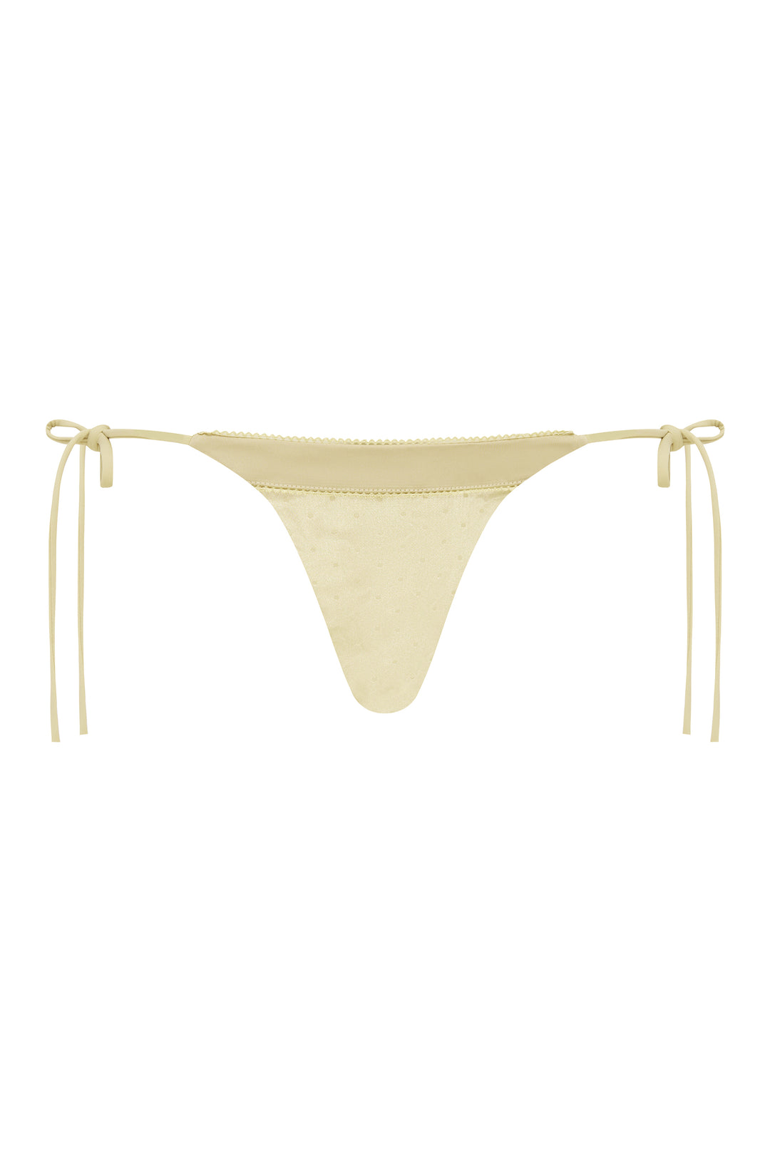 Sage bikini bottom with string ties on a white background