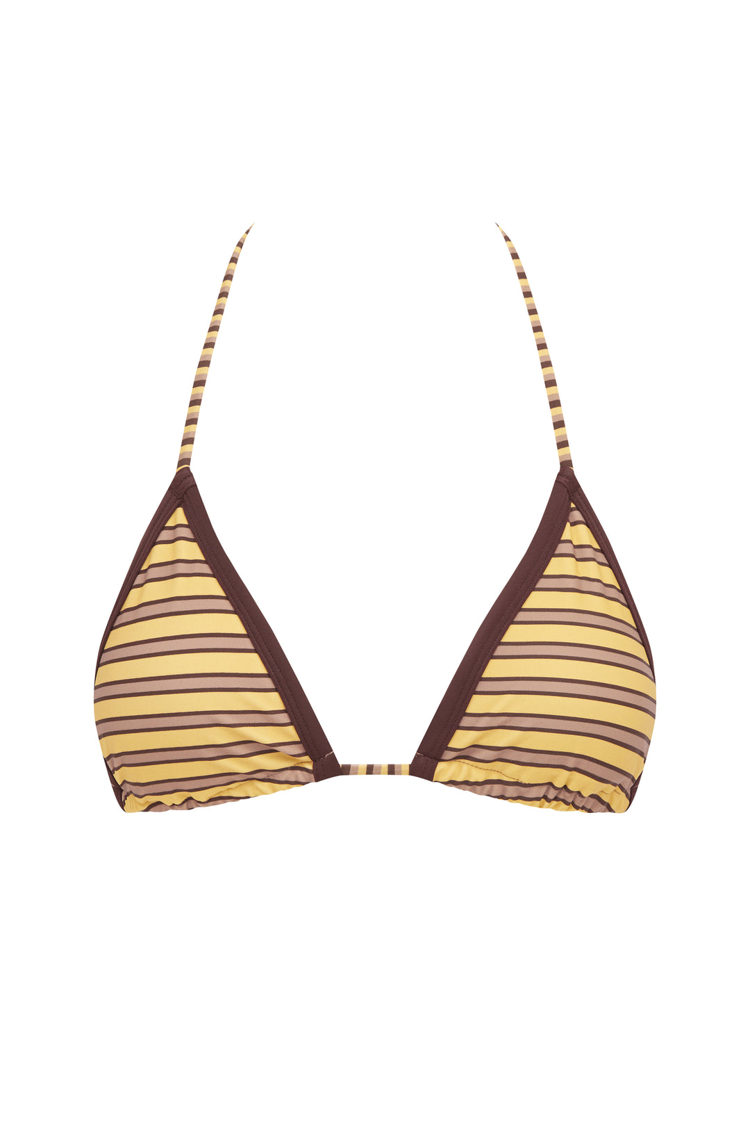 Juni Bikini Top in amber stripe, a triangle-shaped top with brown contrast binding and adjustable ties.