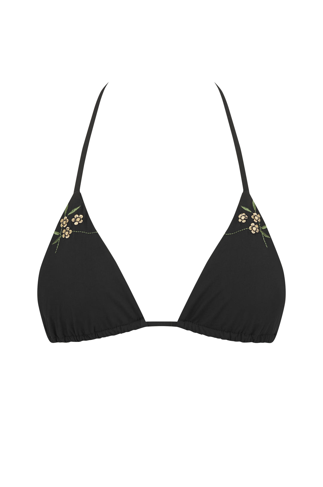 Black Juni triangle bikini top with adjustable ties and custom floral embroidery.