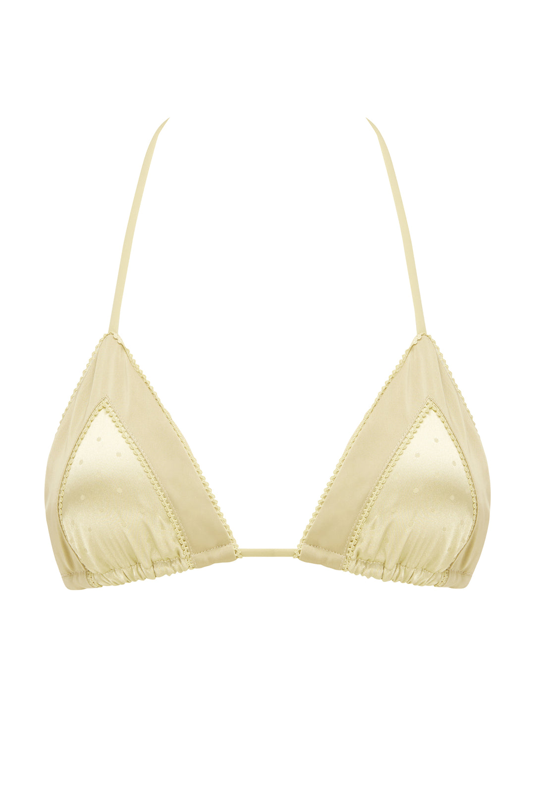 Sage Juni triangle bikini top with adjustable ties, contrast fabric panels, and picot-edge detailing.