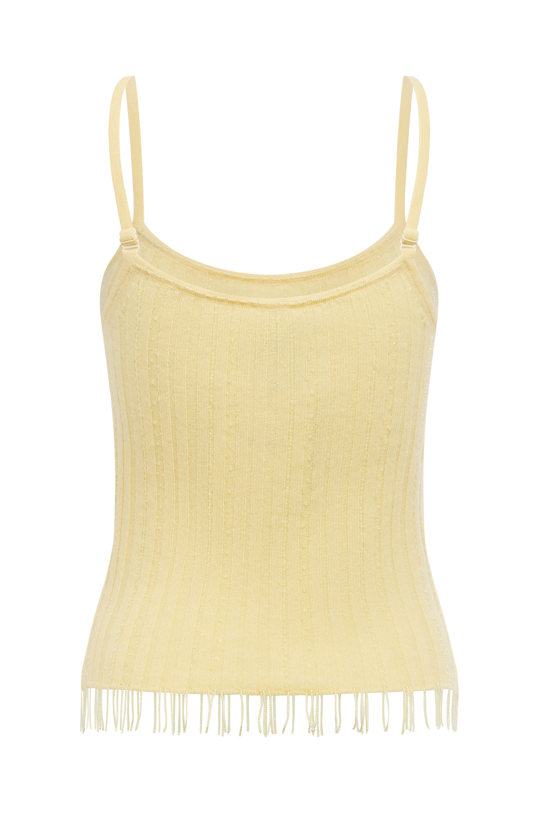 Pale yellow fine wool-knit camisole top with delicate beaded embellishments and a beaded fringe hem.