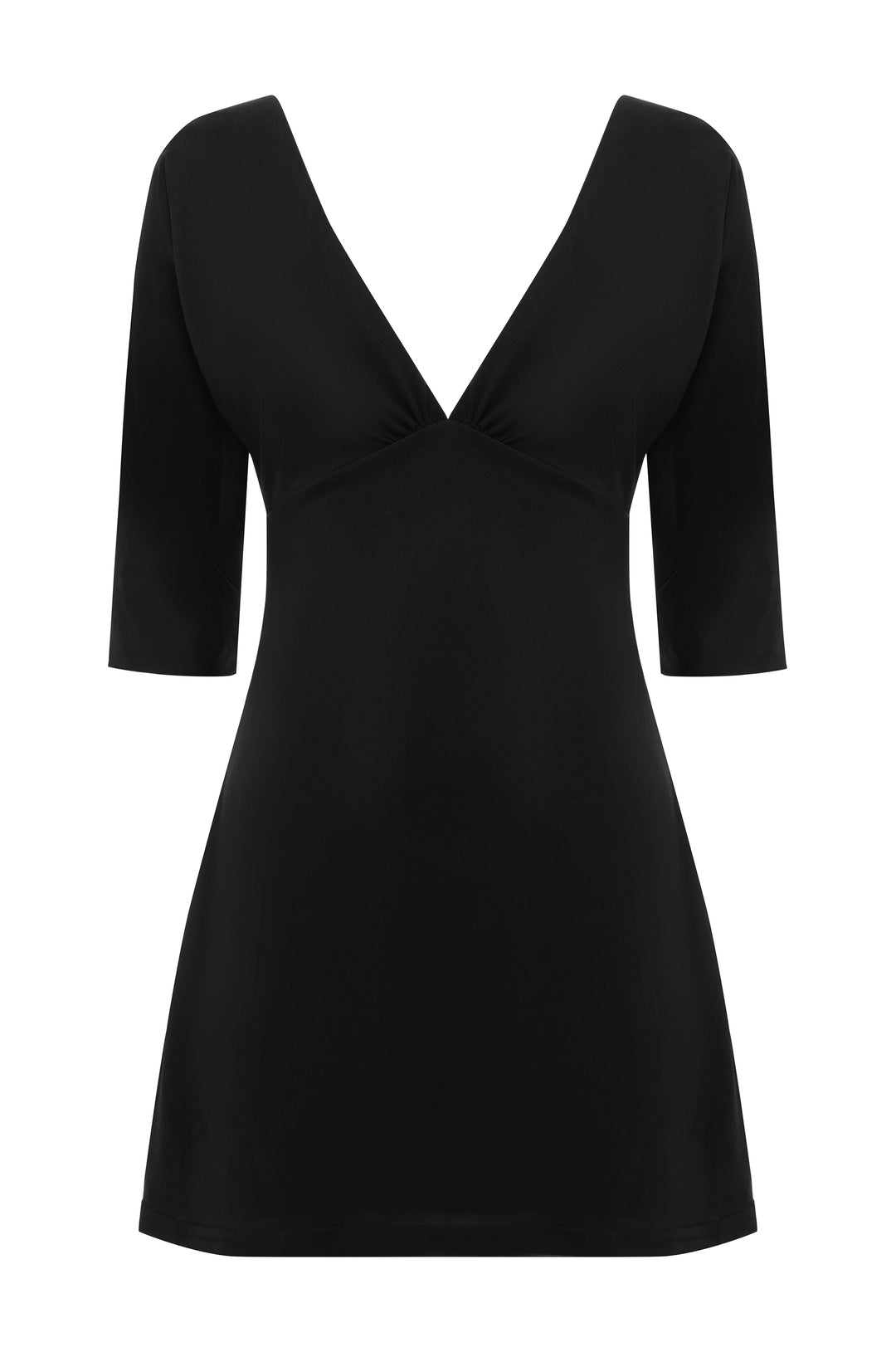 Black mini dress with a deep V-neckline, half sleeves, and gathered bust detailing.