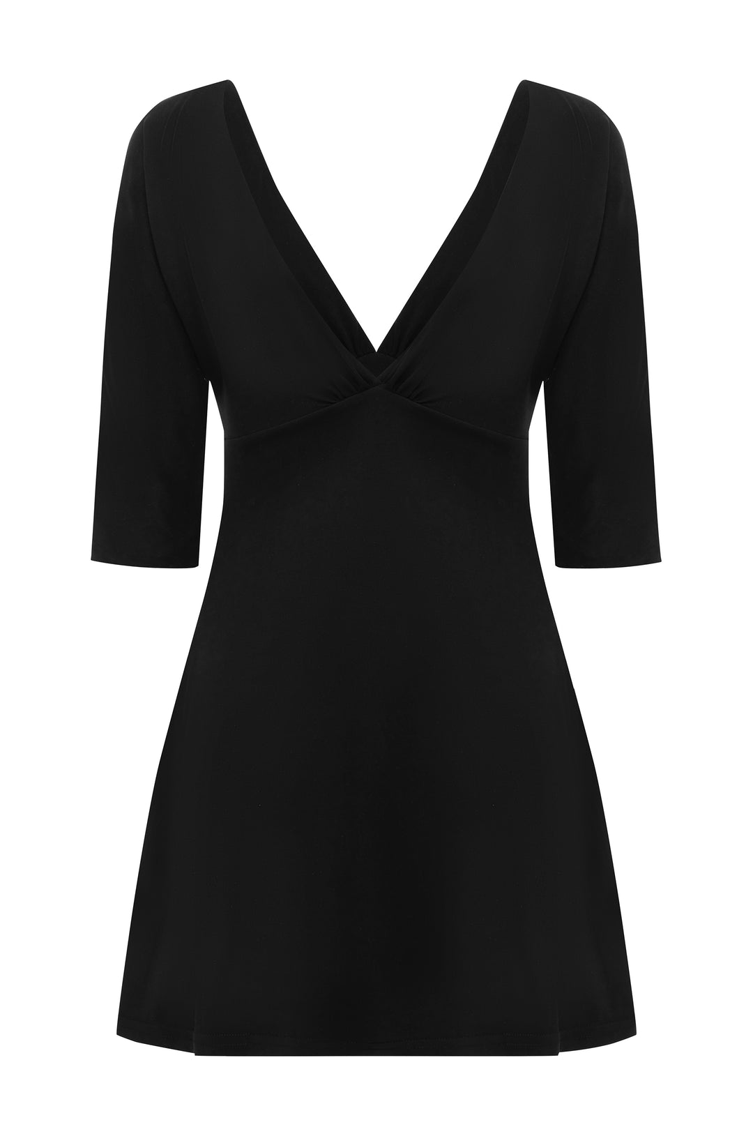 Black mini Lana dress with a deep V-neckline, half sleeves, and gathered bust detailing.