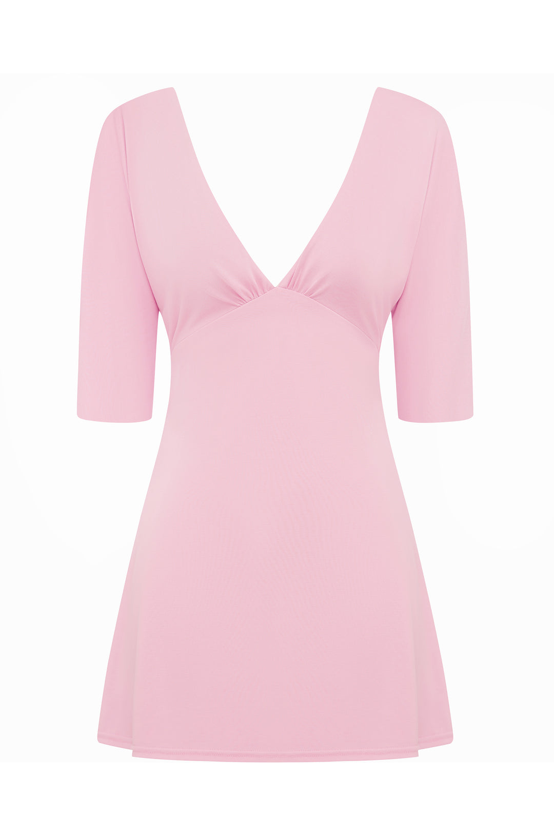Blush Lana mini dress with V-neckline, half sleeves, and gathered bust detail.