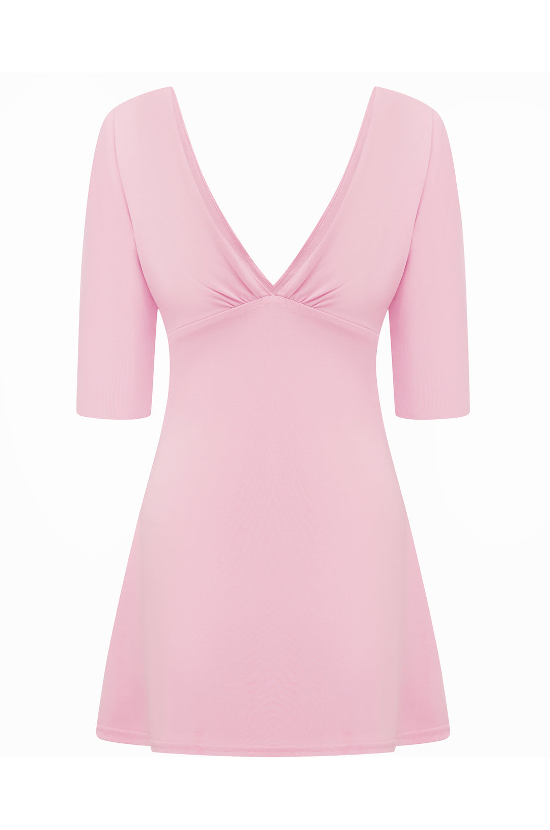 Blush Lana mini dress with V-neckline, half sleeves, and gathered bust detailing.