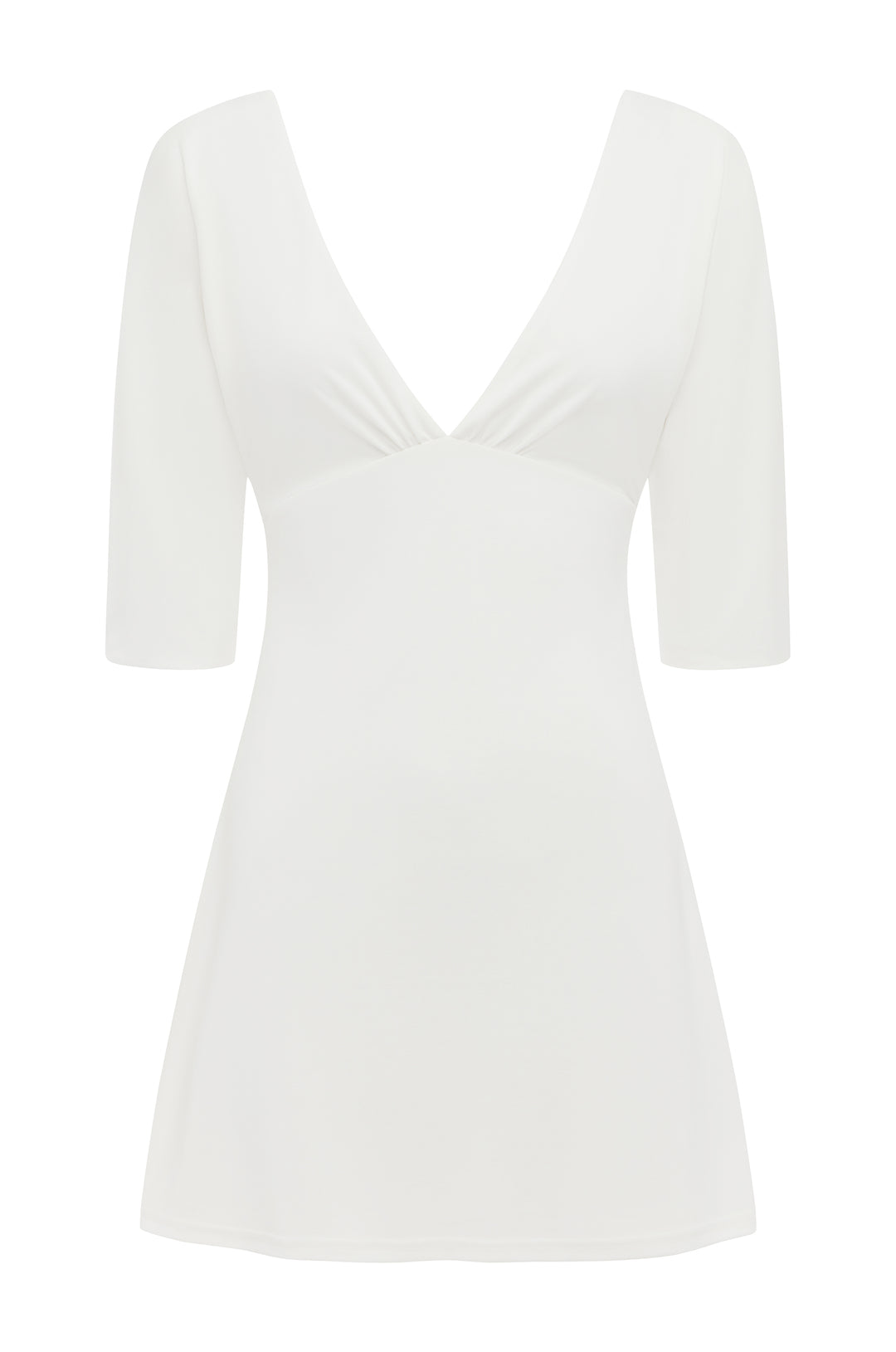 Off-white mini Lana dress featuring a deep V-neckline, half sleeves, and gathered detailing at the bust.