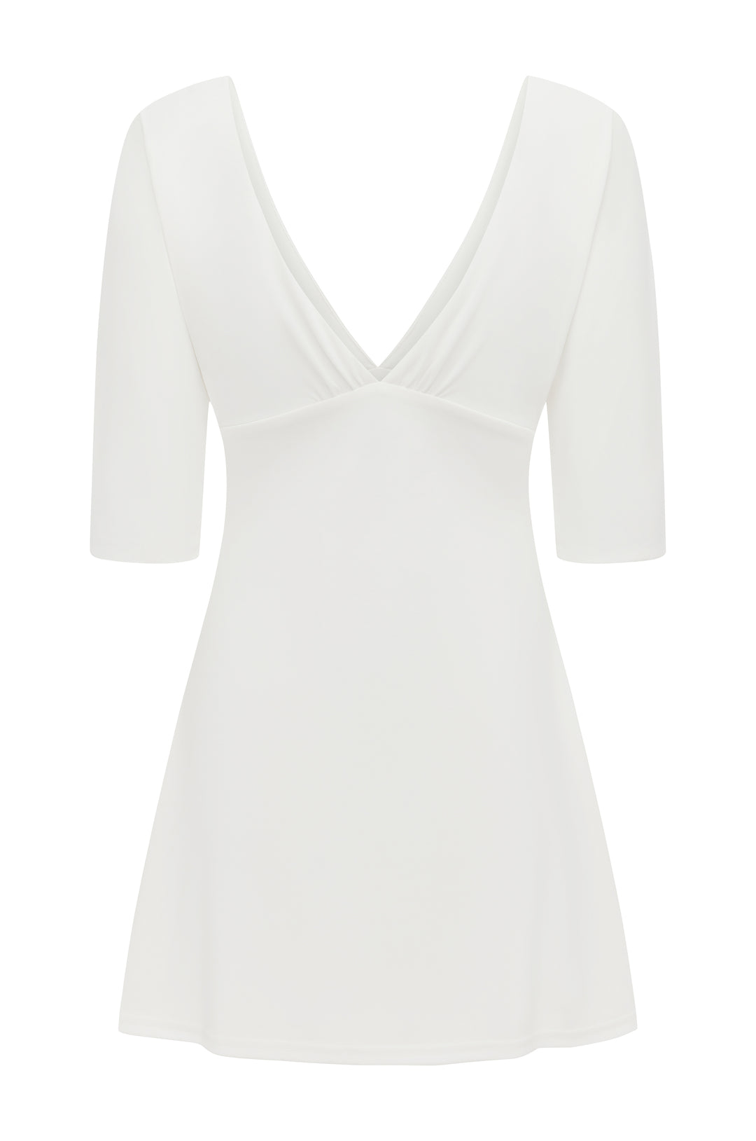 Off-white mini Lana dress with a deep V-neckline, half sleeves, and gathered bust detailing.