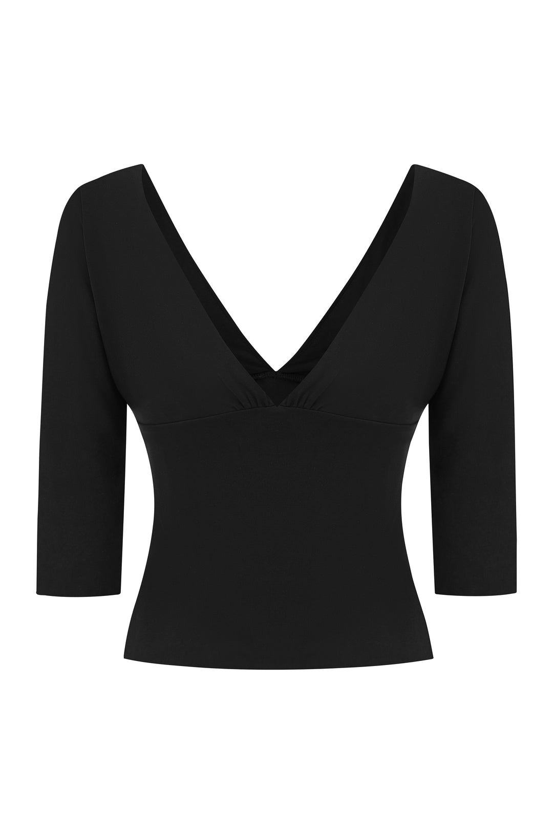 Black Lana Top with V-neck, half sleeves, gathered bust, and raw edge hems.