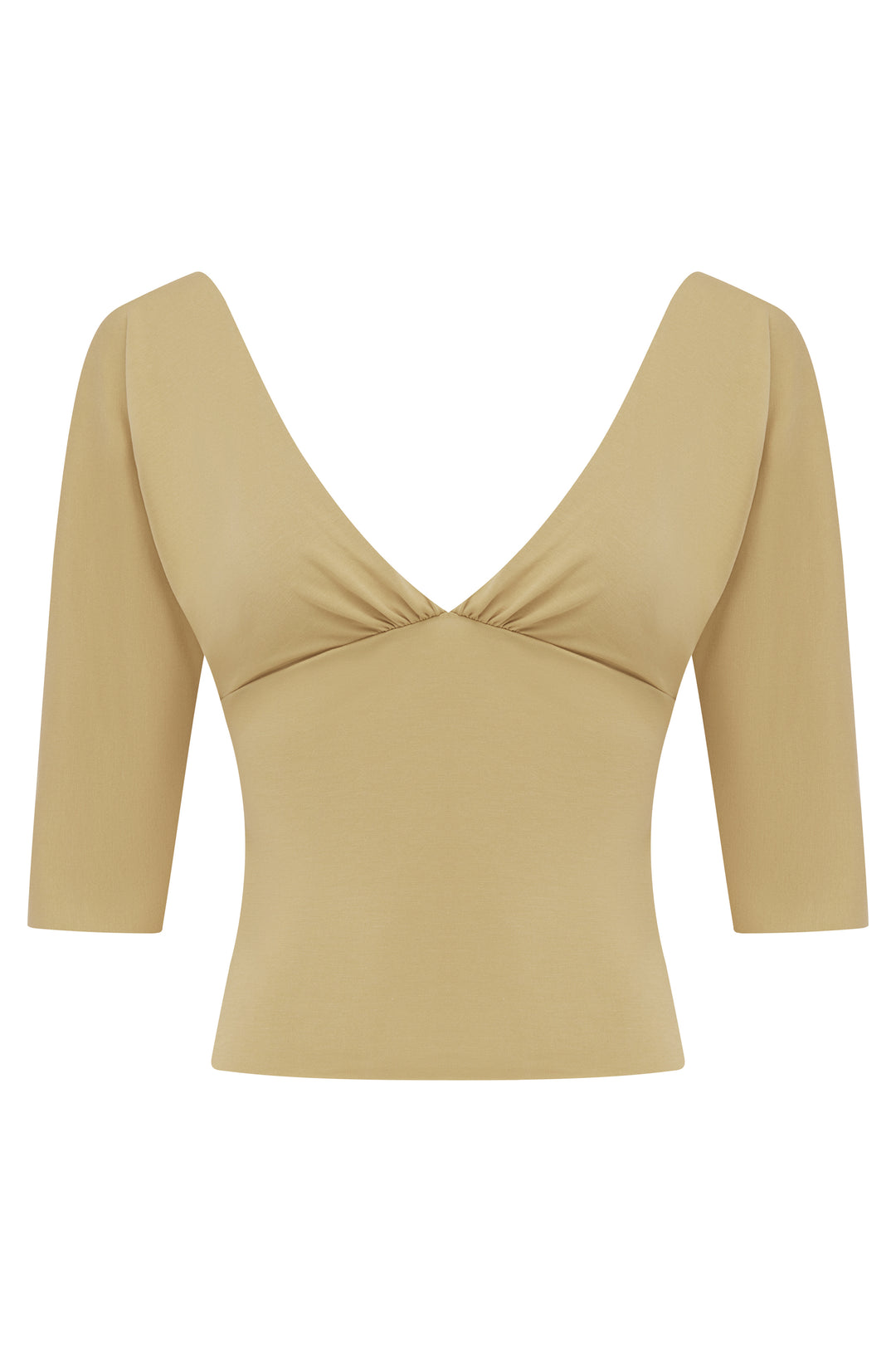 Croissant Lana Top: slim fit V-neck, half sleeves, gathered bust, raw edge hems.