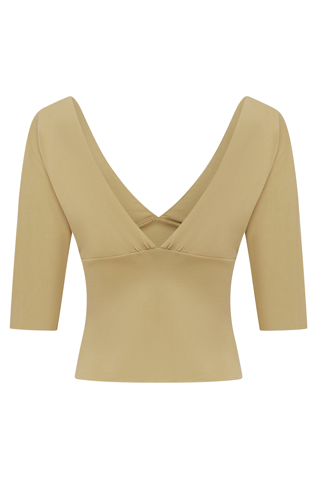 Croissant Lana Top: slim-fit, V-neck, half-sleeve, gathered bust, raw edge hems.